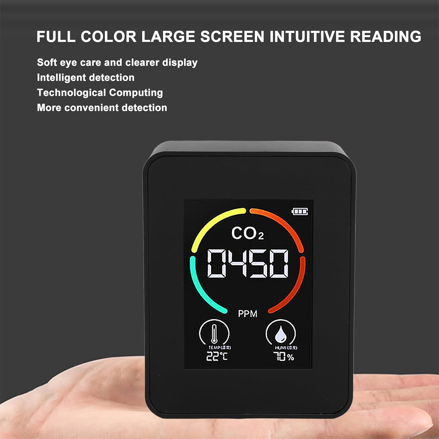 Tnfeeon Air Quality Detector Portable Color Display CO2 Temperature Humidity Tester for Home Office School Hotel, ABS Material (Black)