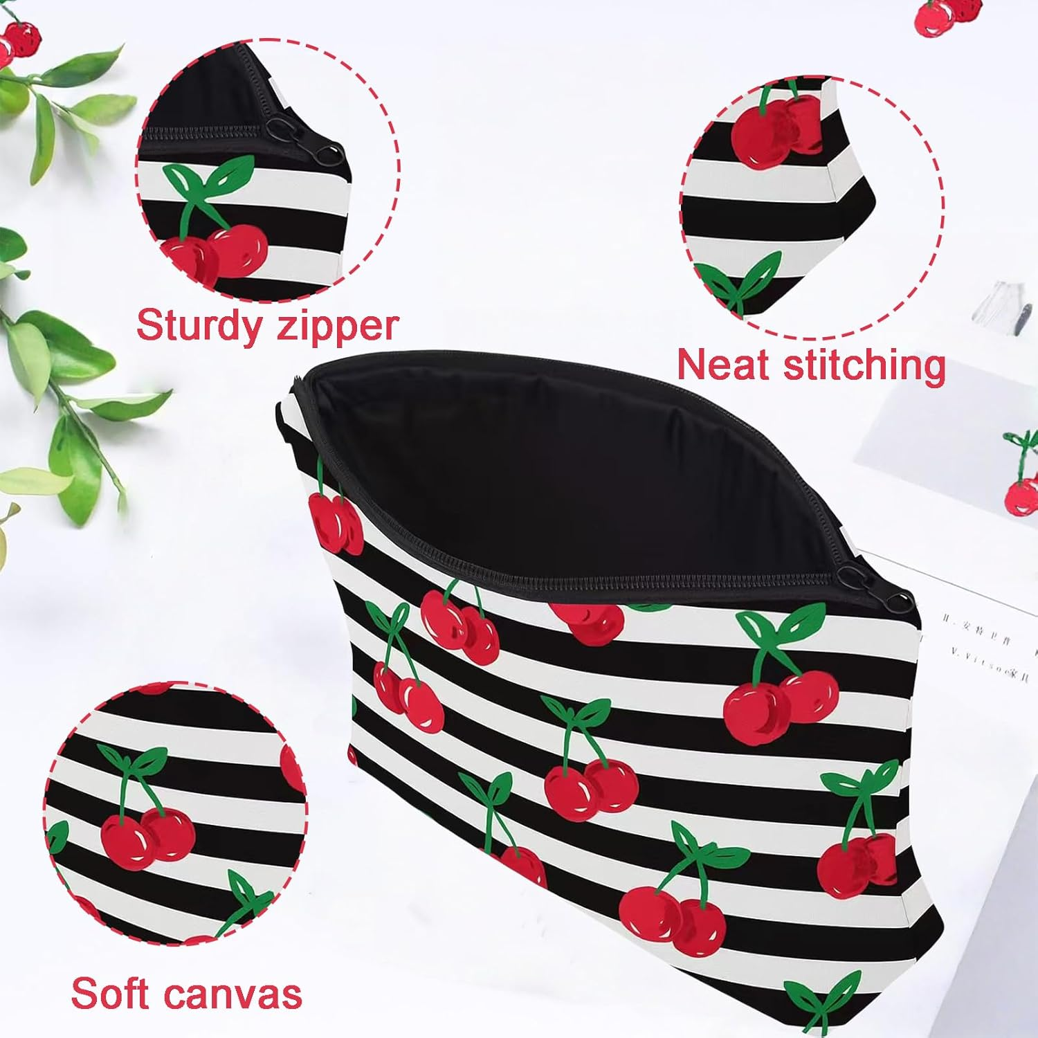 Rylaxzon Makeup Bag for Travel, Small Makeup Bag with Zipper, Waterproof Small Cosmetic Pouch for Purse Mini, Cute Traveling Bag Small for Ladies & Women (Stripes Cherry) image number 3