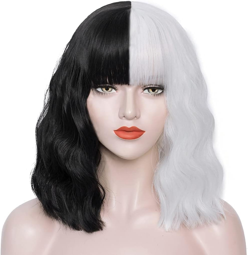 Black Short Bob Wig,Black White Wig Short Curly Half Black White Wigs with Bangs for Women Natural Looking for Party Halloween Costume Cosplay Party Daily Use (Black White, One Size) - 35Cm, Style1 image number 4