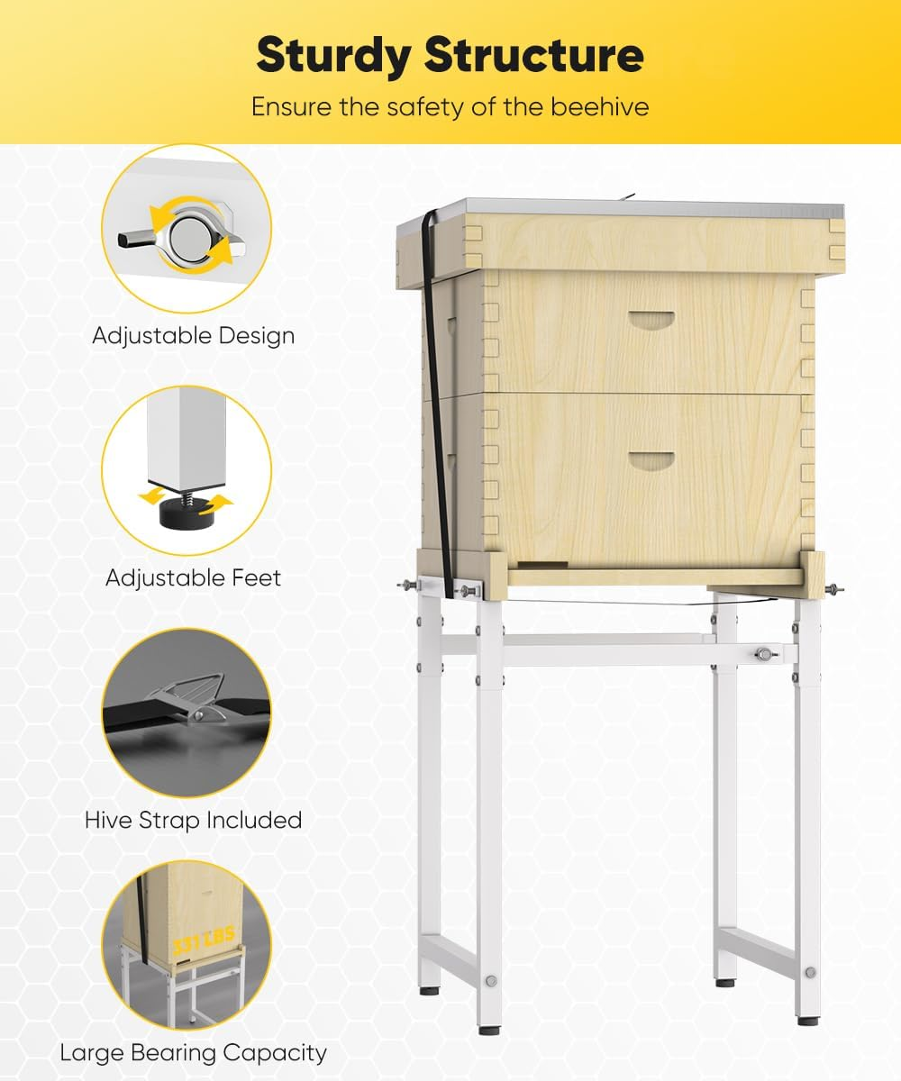 Adjustable Metal Bee Hive Stand with 120-Inches Strap for 8 & 10 Frame Beehives Box, 12 to 19 Inches Width Beehive Frame Holder, Heavy Duty Flow Hives Stands Base for Beekeeping, White