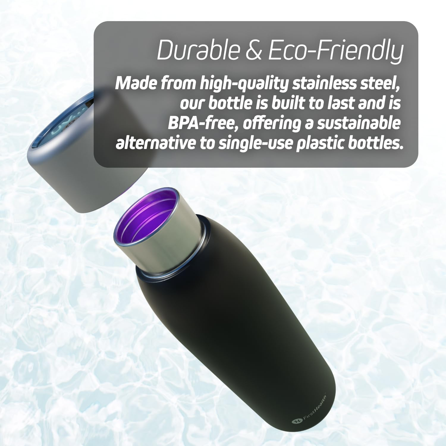 FIRSTHEALTH UV Self-Cleaning and Water-Purifying Bottle -18 Ounce Insulated Rechargeable Stainless-Steel Tumbler, Reusable, Kills 99.9% of Germs, Bacteria. Keeps Hot for 12-HR or Cold for 24-HR image number 2