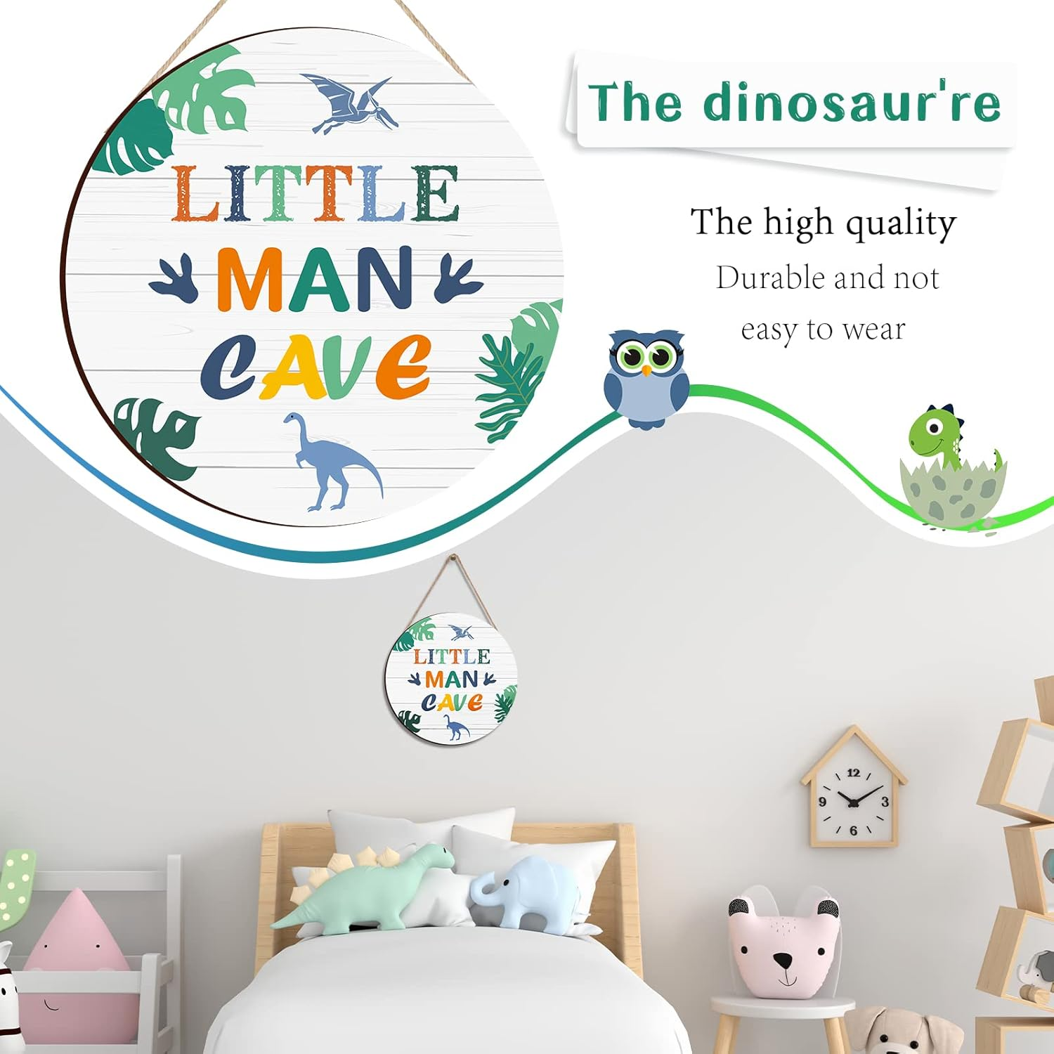 Little Man Cave Wooden Sign Dinosaur Quote Wood Plaque Nursery Hanging Wall Art Decor for Kids Toddler Boys Bedroom Playroom Living Room Decorations image number 3