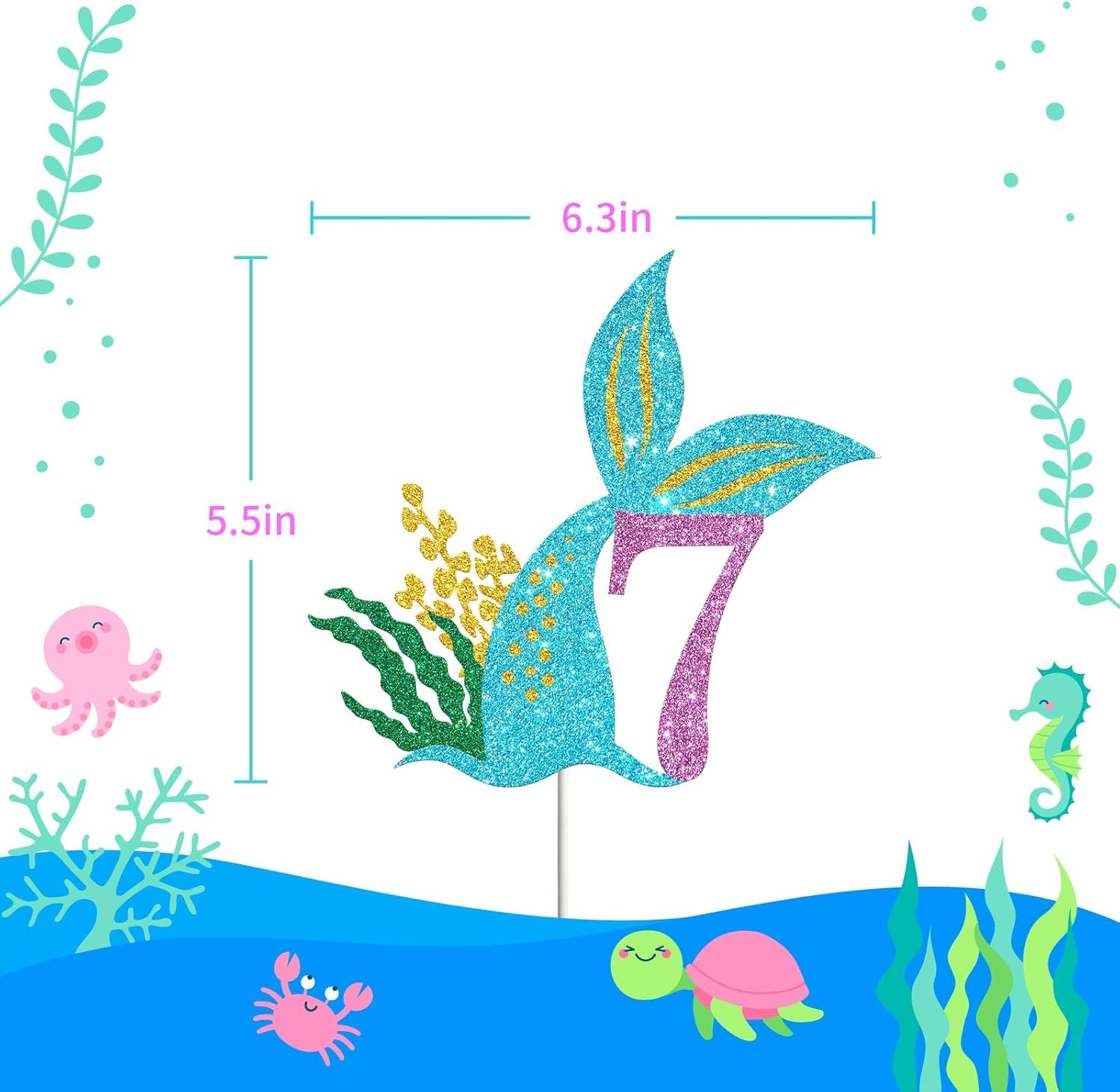 Mermaid Seven Cake Topper, Happy 7Th Birthday Cake Decor, I'M Seven Sign, Little Mermaid Birthday Party Decoration Supplies, Daughter of the Sea, under the Sea Themed, Ocean Themed - Glitter image number 2