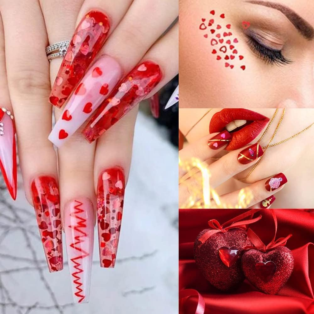 Red Heart Nail Art Glitter Sequins for Valentine'S Day Nail Art Stickers Decals Holographic Love Heart Nail Charms Flakes for Acrylic Nail Supplies Manicure Tips Accessories image number 5