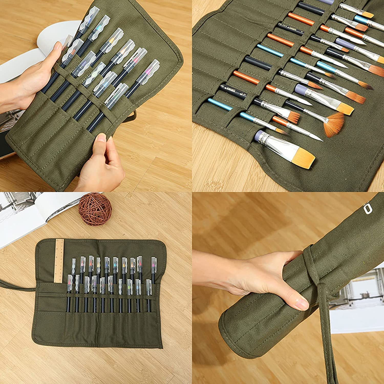 Paint Brush Roll Canvas Pouch, Army Green 22 Slots Holder, Artist Acrylic Oil Watercolour Case, Student Draw Pen Gouache Storage Bag image number 6