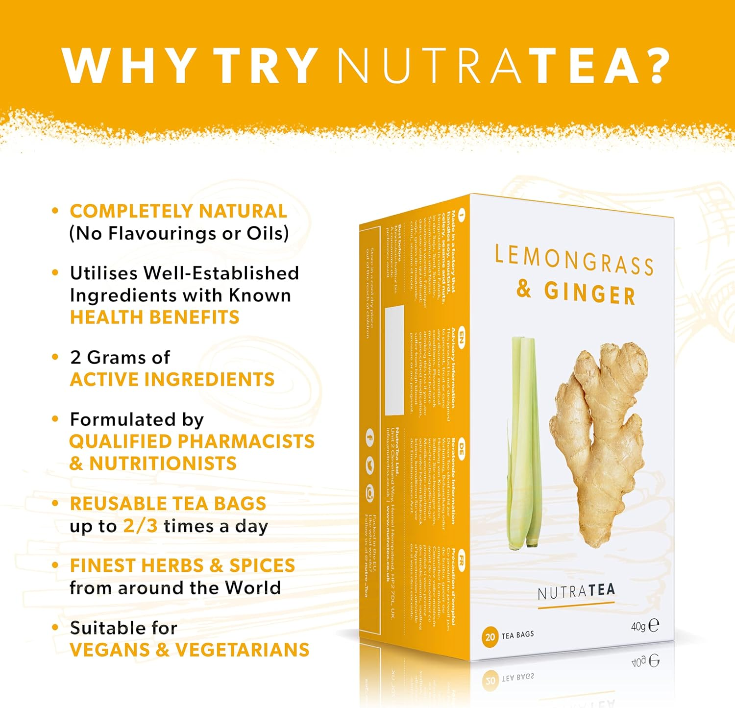 Nutra Tea - Lemongrass & Ginger Tea - 20 Tea Bags - Herbal Tea image number 2