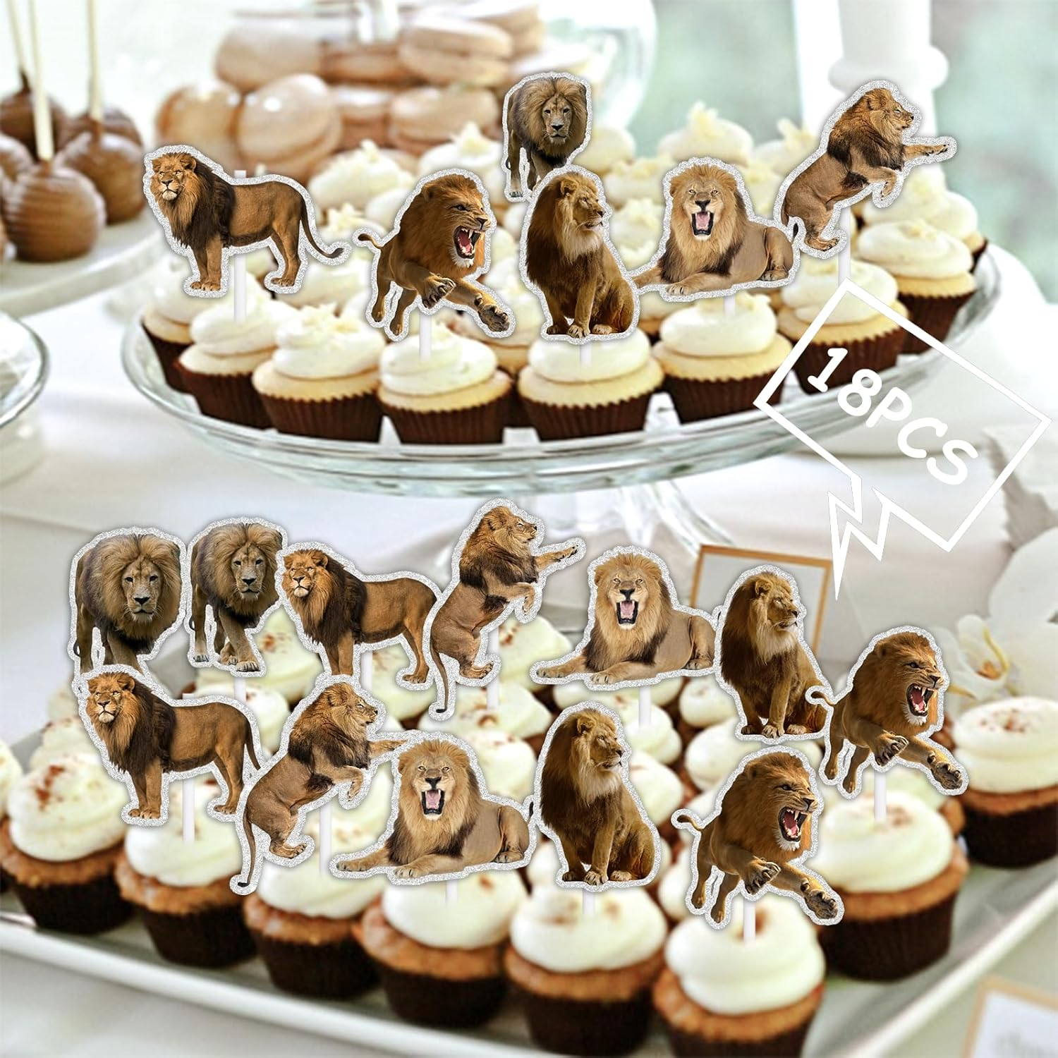 18Pcs Gold Glitter Lion Dessert Cupcake Topper Pick for Animals Theme Decor Supplies Baby Shower Boy Girl Happy Birthday Party Decoration image number 3