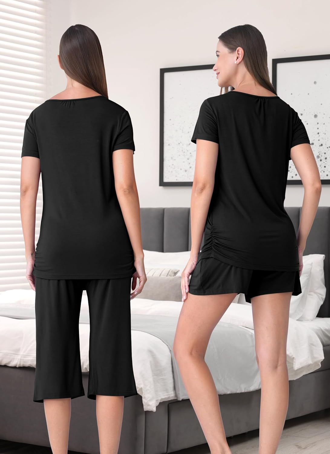 3 Piece Maternity Nursing Pajamas Set for Women Breastfeeding Shirts Pjs Postpartum Shorts&Capri Pants Pockets image number 5