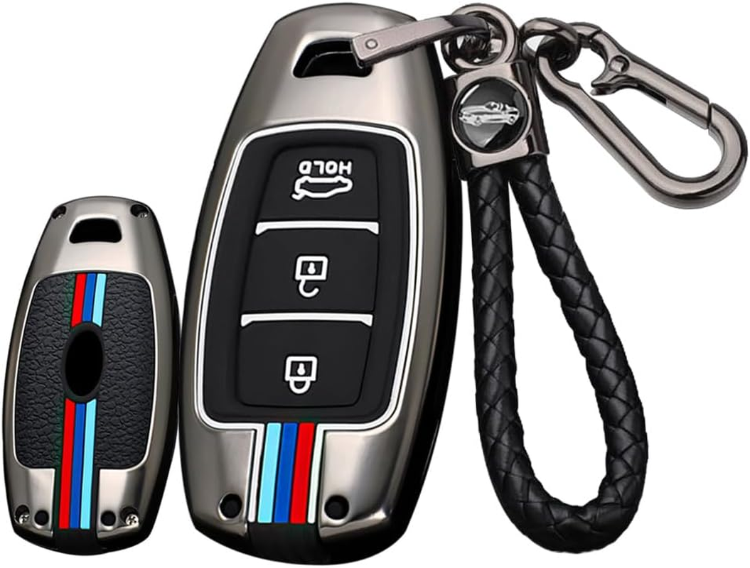 Ontto Metal Car Key Fob Cover Fit for Hyundai I30 Ix35 Kona Elantra Solaris Azera Accent Palisade Santa Fe Remote Key Case Keyring Silicone Key Shell Holder Bag Keychain Accessories 4 Button-C Silver