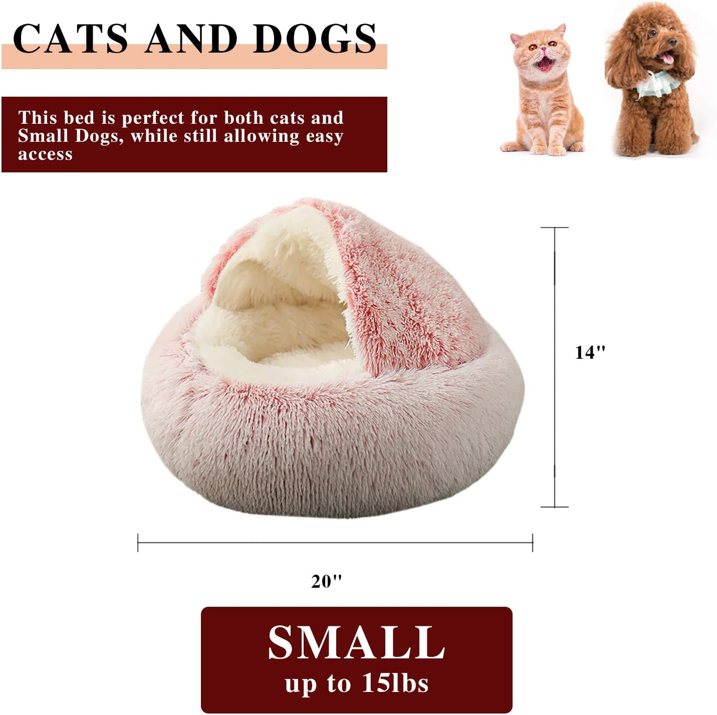 KWEWIK Cat Bed round Soft Plush Burrowing Cave Hooded Cat Bed Donut for Dogs & Cats, Faux Fur Cuddler round Comfortable Self Warming Pet Bed, Machine Washable, Waterproof Bottom, Small, Pink image number 2