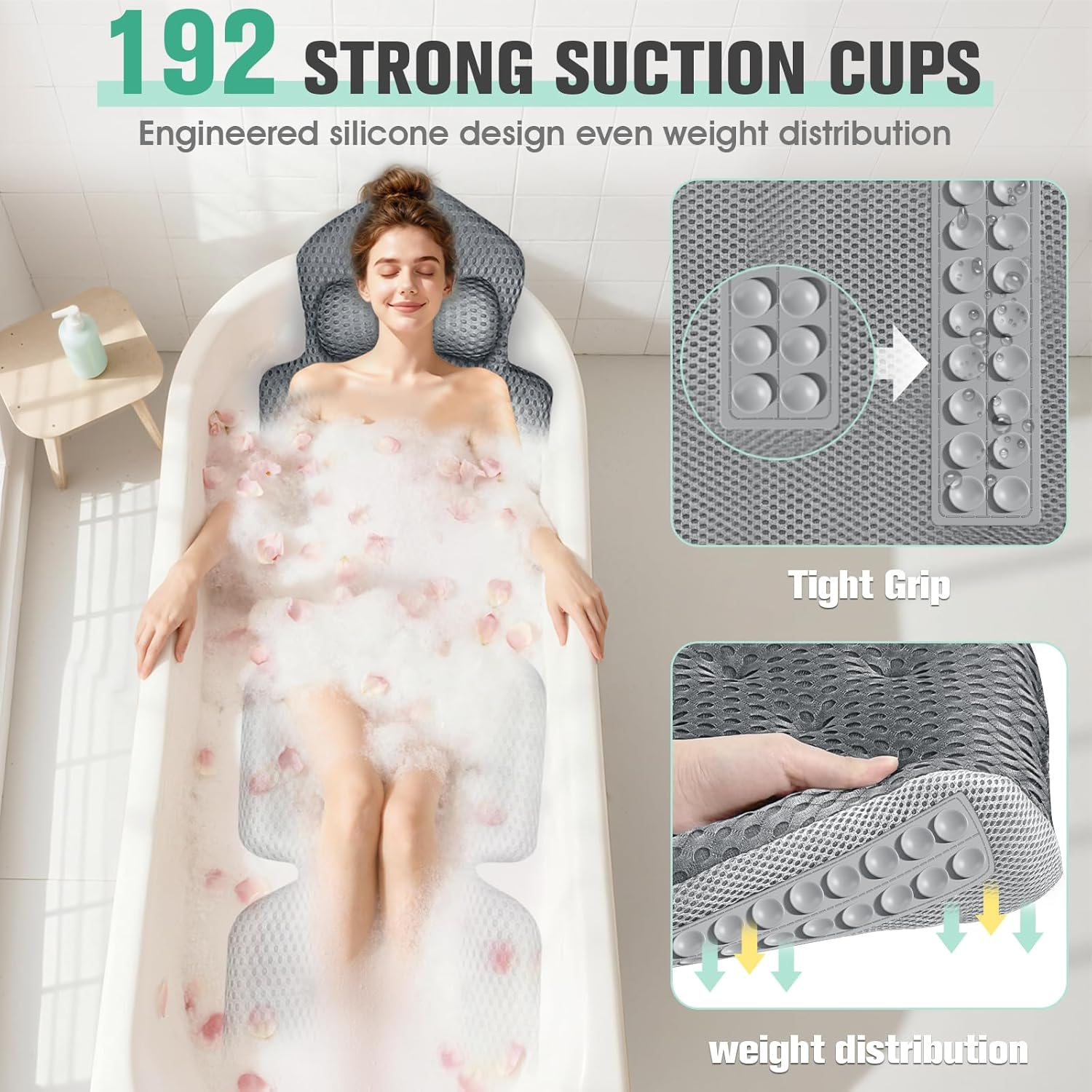 Upgraded Full Body Bath Pillow for Bathtub,Luxury Thick Bath Cushion for Soaking Tub with 192 Suction Cups,Full Body Bathtub Pillows for Head and Neck Shoulder Support,4D Air Mesh, 53" X 16" Dark Gray image number 3