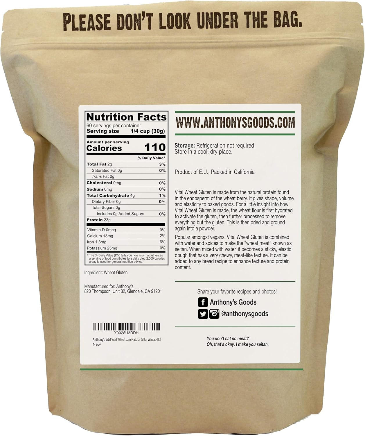 Anthony'S Vital Wheat Gluten Natural, 4Lbs, High in Protein, Vegan, Non GMO, Keto Friendly image number 1