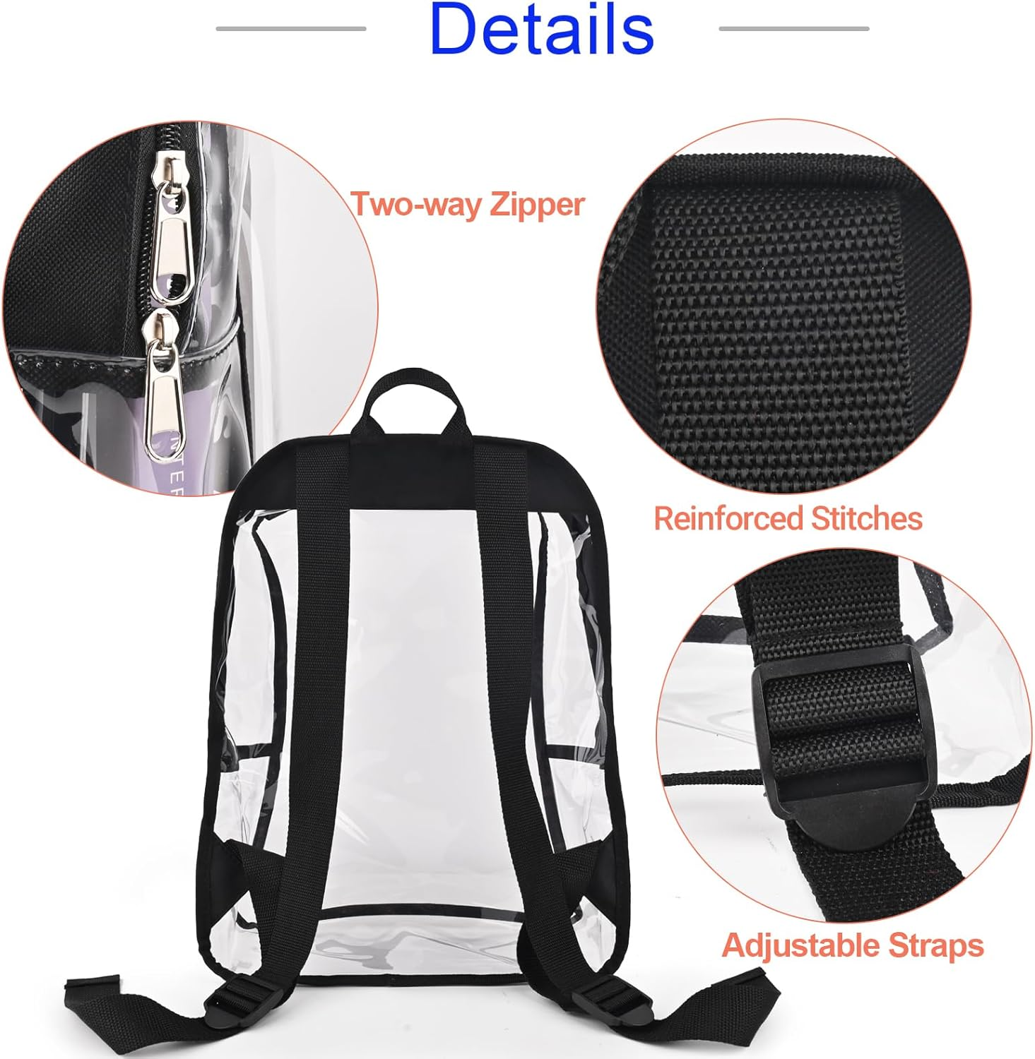 JOMPARO Clear Backpack Plastic See through Bookbag for Kids Adults for School Work Concert Sports, 1S-Black, Medium, Daypack Backpacks - 2S-Black image number 2