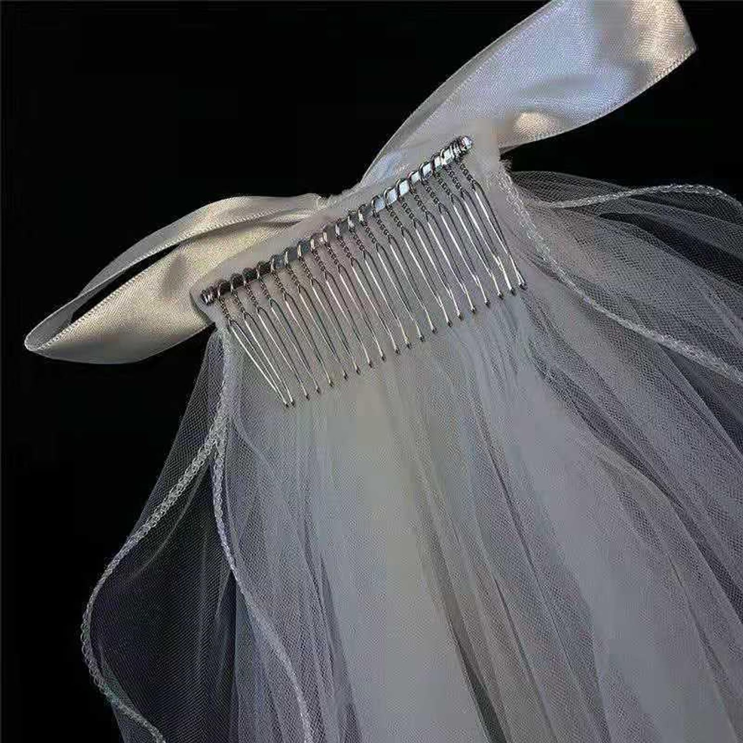 Haobase 1 Piece Wedding Bridal Veil Double Layer Pearl White French Small Head Gauze with Hair Comb(60-80Cm) image number 1