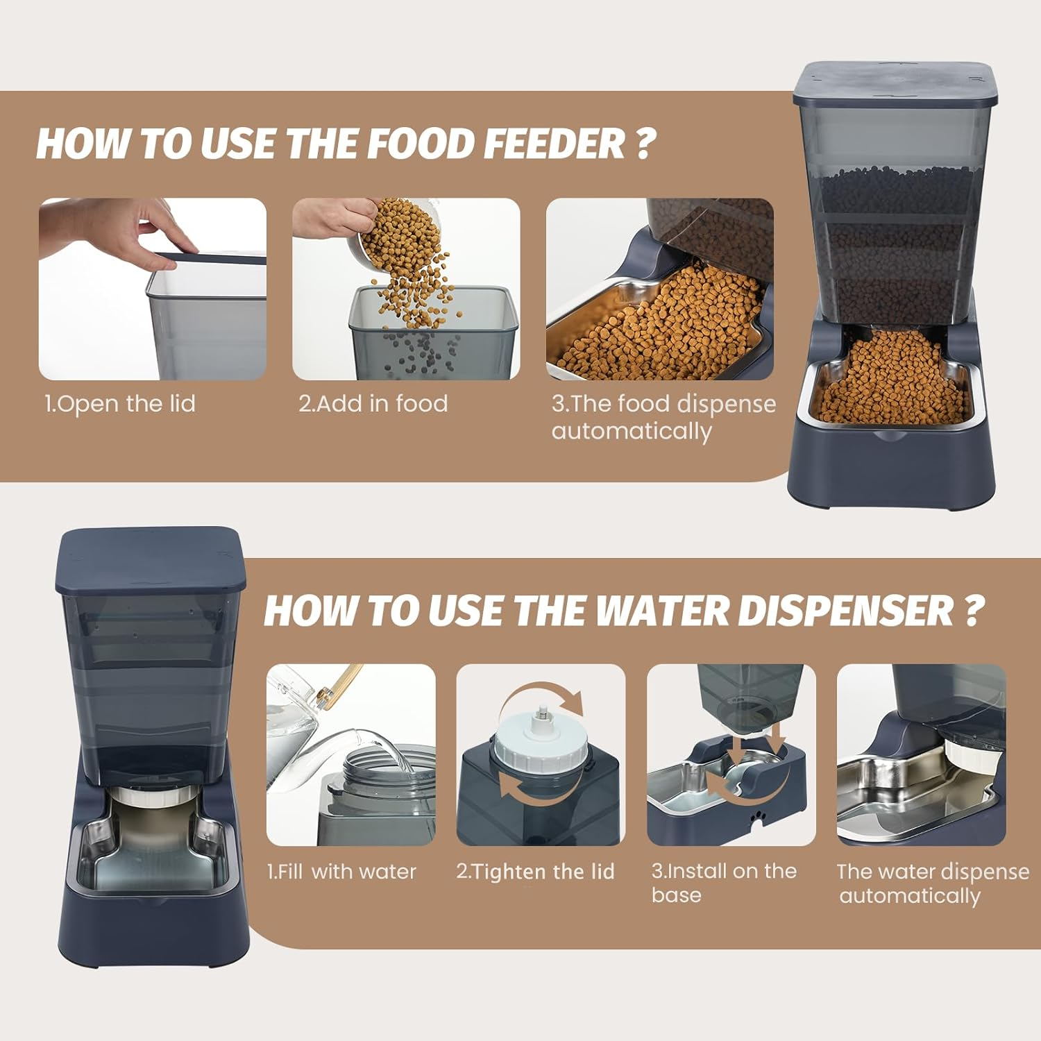 Automatic Dog Cat Feeder and Water Dispenser with 304 Stainless Steel Bowl, Suitable for Medium and Large Dogs and Cats, Large Capacity 5.3L, 2 Pack (Black Set)