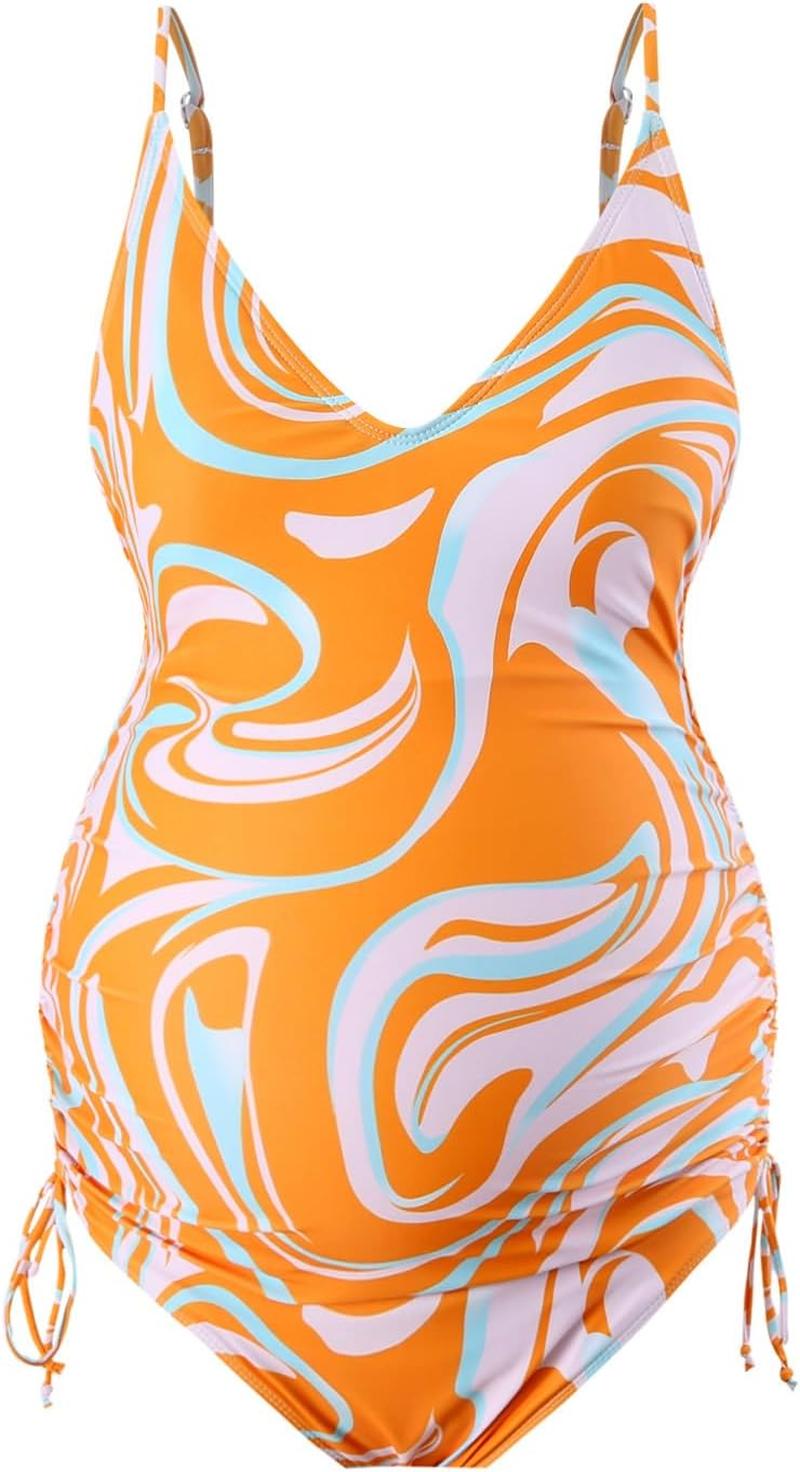Maternity Swimsuit, Orange Swirl Pattern, V-Neck One-Piece with Ruched Sides image number 4