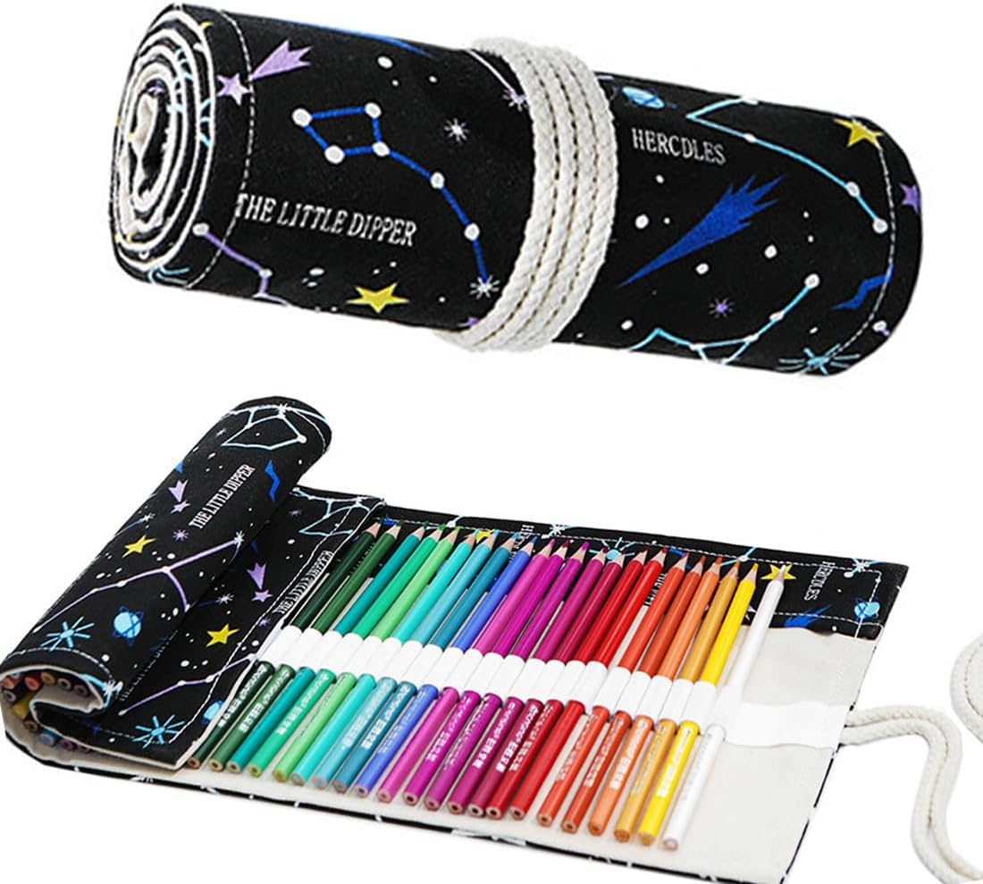 RGZD Canvas Roll up Pencil Case with 24 Compartments for Colored Pencils, Ideal for Sketching, Drawing and Writing, Night Sky Design, Colour image number 3