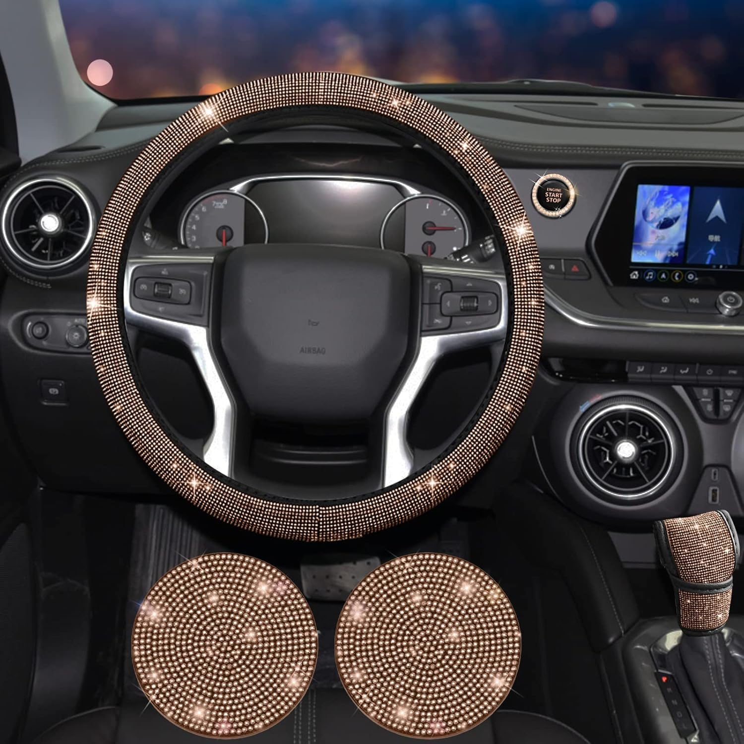 11 Pcs Bling Car Accessories Set,Bling Car Accessories Set for Women, Bling Steering Wheel Cover for Women Universal Fit 15 Inch, Rhinestone Center Console Cover(Ch Amp Ag Ne) - Black image number 4