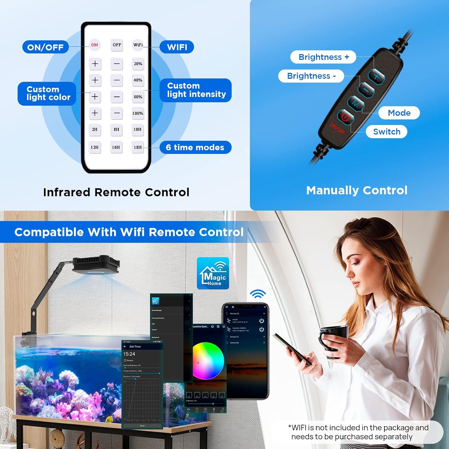 Lominie Full Spectrum LED Aquarium Light 30Watt Clip on Fish Tank Light for Saltwater Coral Fish Tank with Bracket image number 3