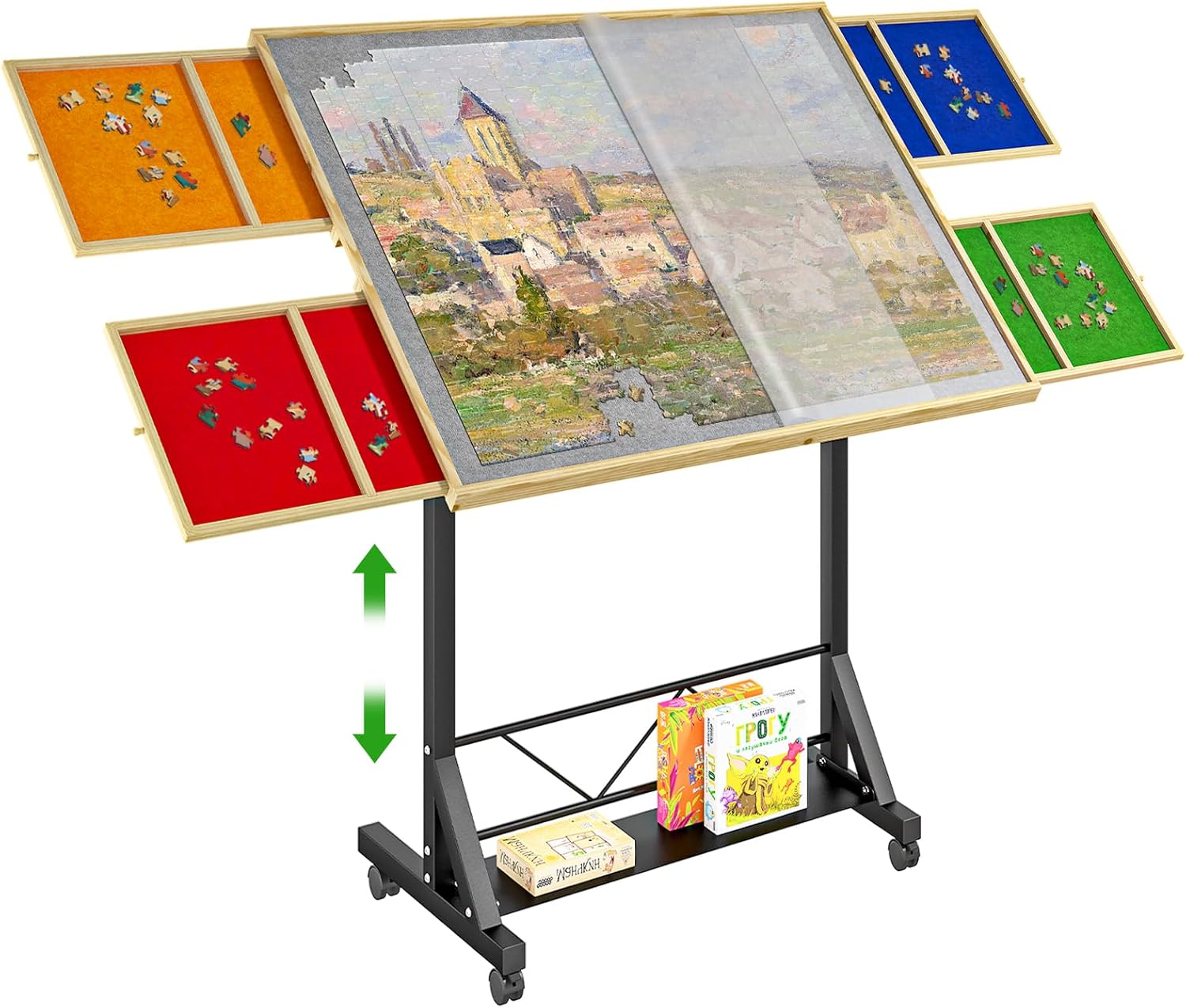 Jigsaw Puzzle Table 1500 Pieces Adjustable Height Puzzle Board 360&deg; Tilting Angle, Puzzle Table anti Slip Felt with Leg Rolling, Sorting Drawer, Cover and Storage for Adults Birthday Gift image number 3