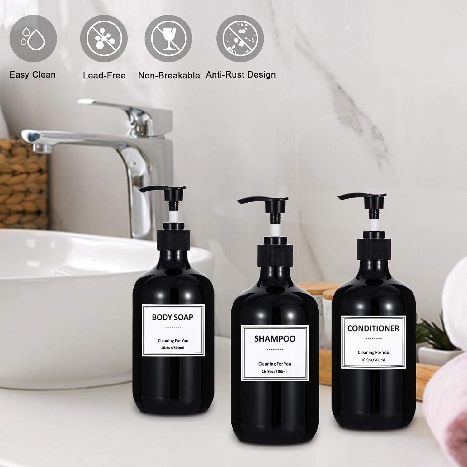 Yeeco 16.9Oz/500Ml Hand Soap Dispenser, Plastic Pump Bottles Dispenser with Waterproof Labels, Shampoo and Conditioner Dispenser for Liquid Soap, Kitchen, Bathroom, Commercial (3 Pack Black) image number 2