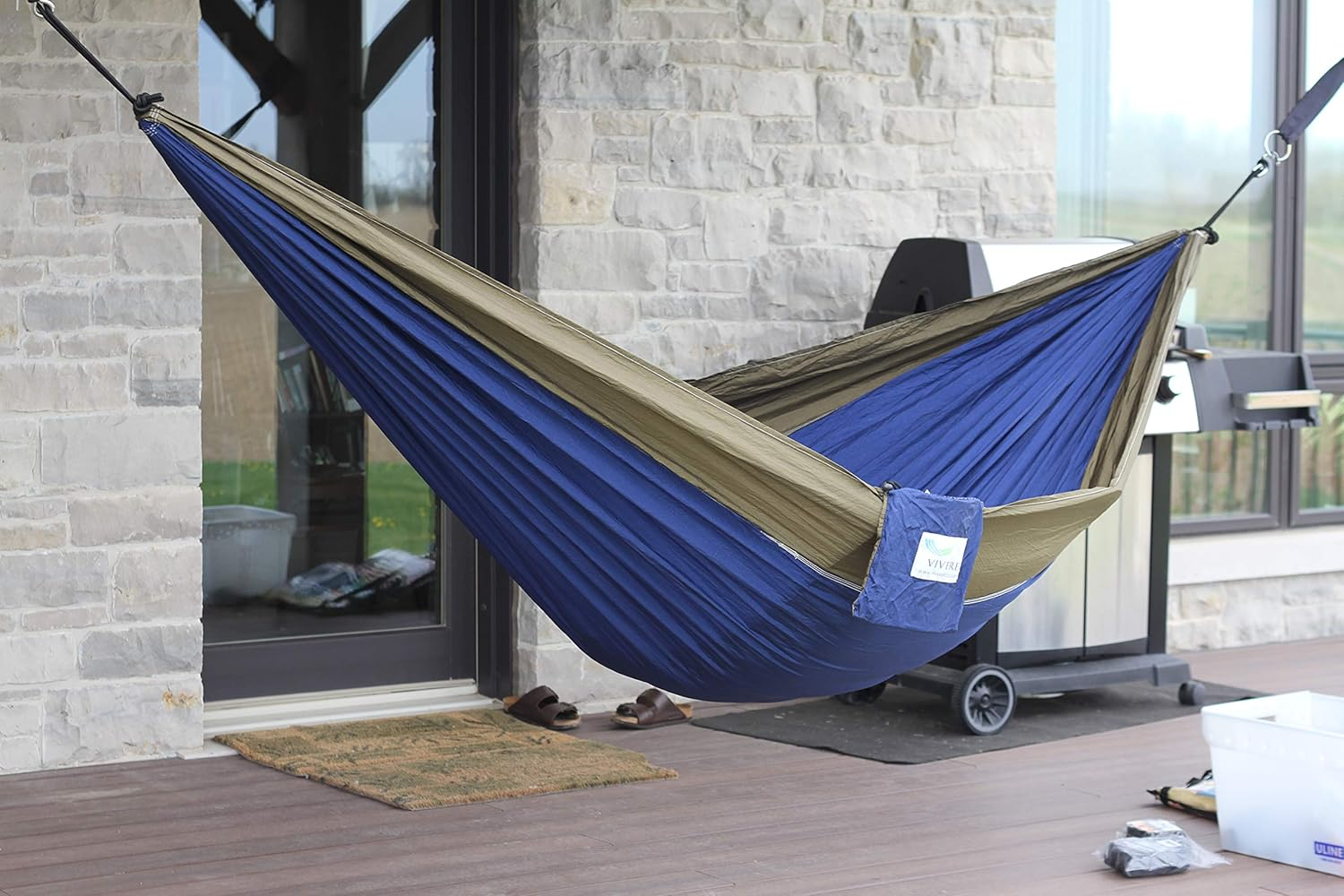 Vivere Nylon Double Parachute Camping Portable Hammock, Navy/Olive - Beige/Navy image number 2