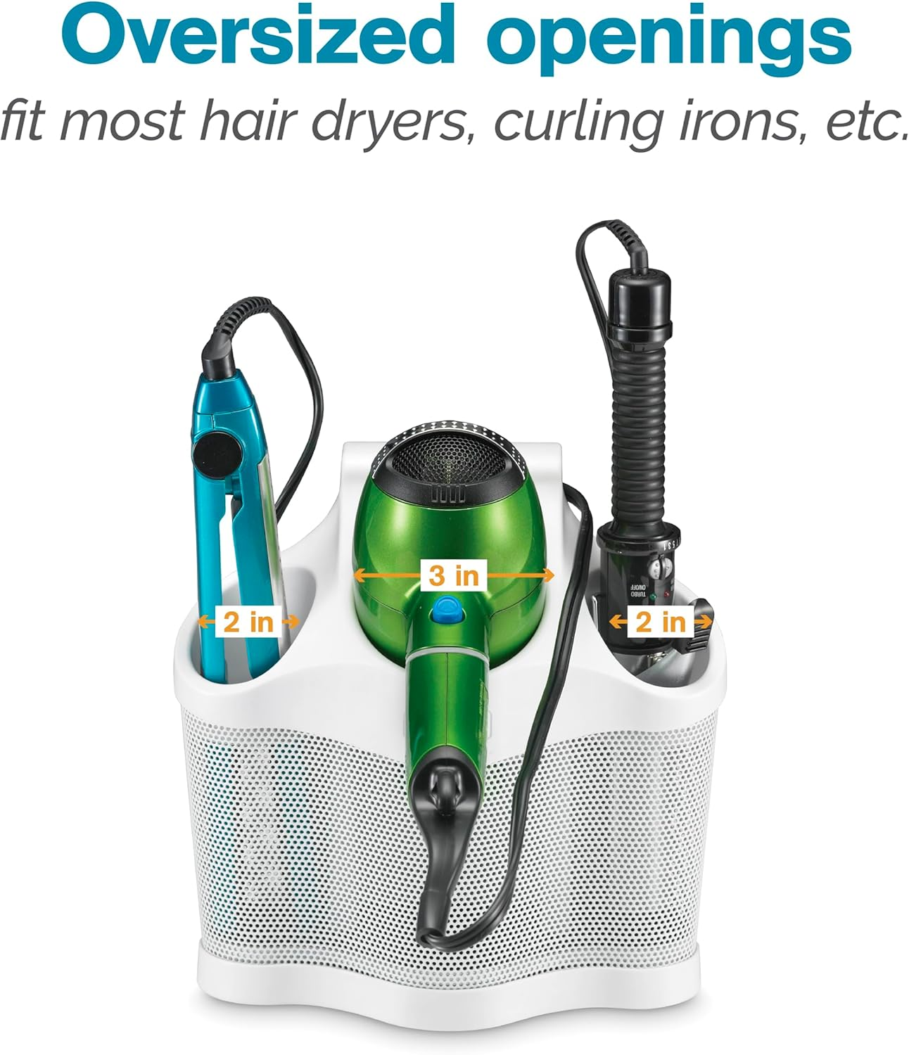 Polder Style Station, Organization for Styling Tools: Hair Dryers,Curling Irons, Straighteners, Brushes, Hang over Towel Rack, Store Undersink or in Drawer, White and Silver image number 5