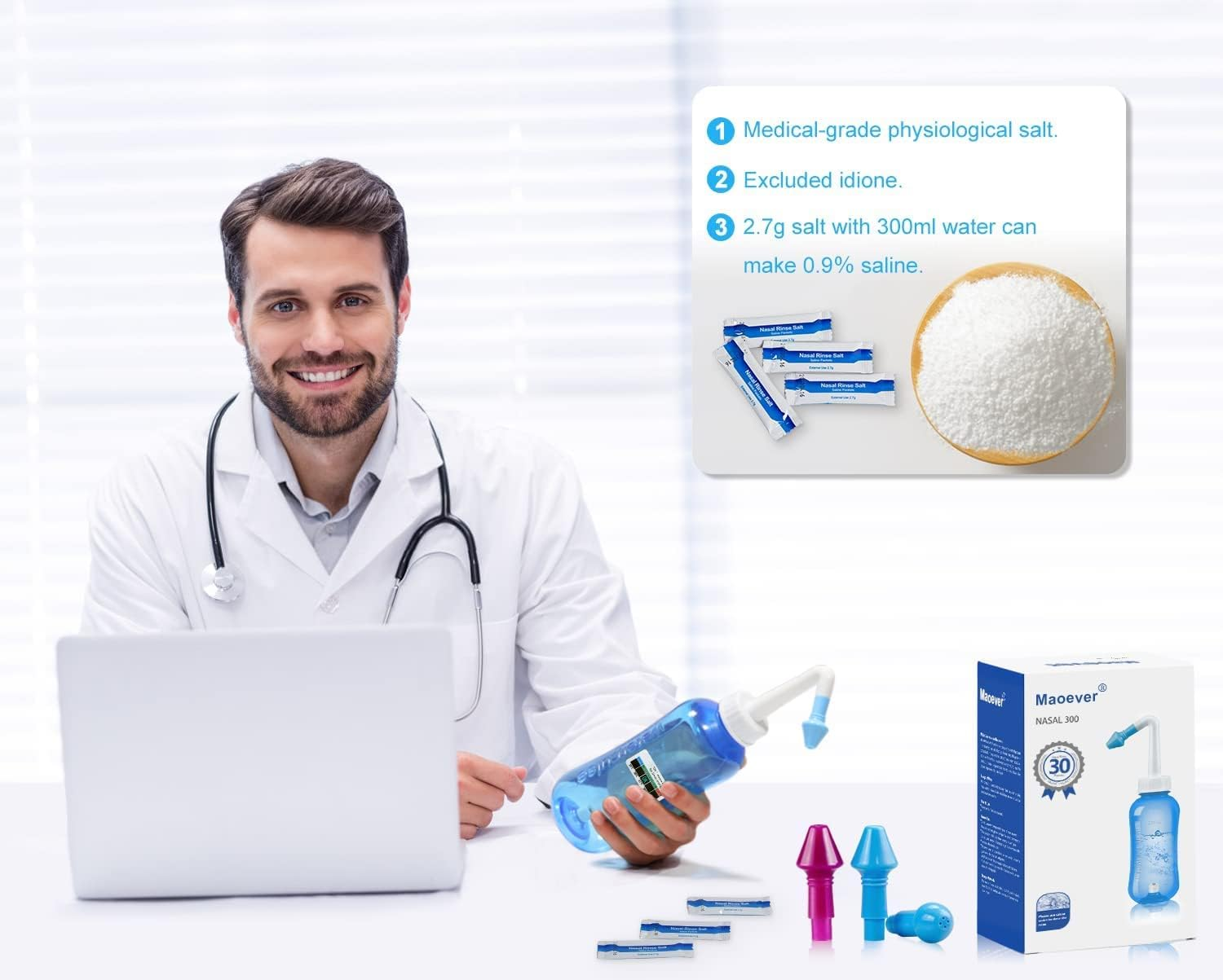 MAOEVER Neti Pot Sinus Rinse Nasal Wash 300ML Neti-Pot with 30 Nasal Wash Salt Packets and Sticker Thermometer Nose Cleaner Washing Bottle Cleaner Pressure Irrigation for Adult & Kid BPA Free (Blue) image number 6