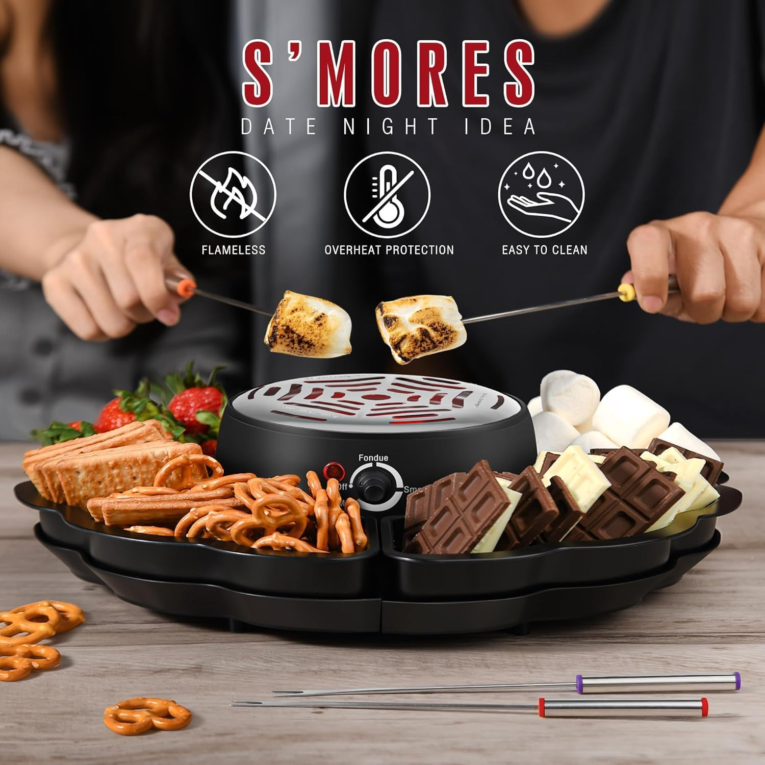 2 in 1 Electric S&rsquo;Mores Maker & Fondue Pot, Tabletop Indoor Smores Kit with 4 Roasting Forks, 4 Detachable Trays & 1 Flameless Temperature-Controlled Heater, Movie Night Supplies & Housewarming Gifts image number 5