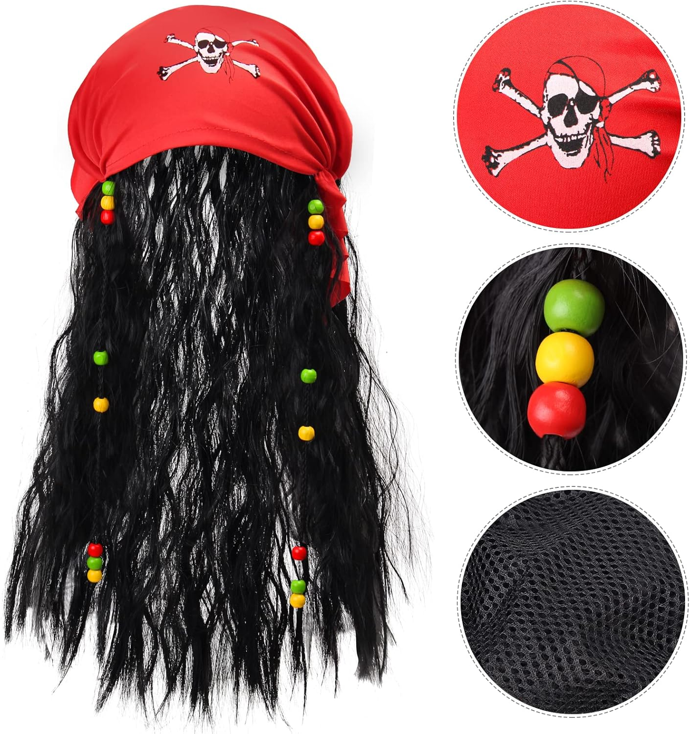 Pirate Wig with Dreadlocks Pirate Costume Accessories Set Headcloth Waist Sash Skull Necklace Eye Patch Plastic Dagger for Halloween Pirate Themed Dress up Party image number 3