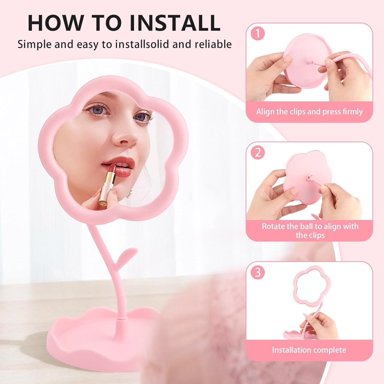 Roucerlin 9 Cm Flower-Shaped Makeup Mirror with Stand Set, 15 X Magnifying Mirror with Suction Cup and Tweezers, Table Mirror Pink for Bedroom, Living Room and Bathroom (Pack of 3) image number 3