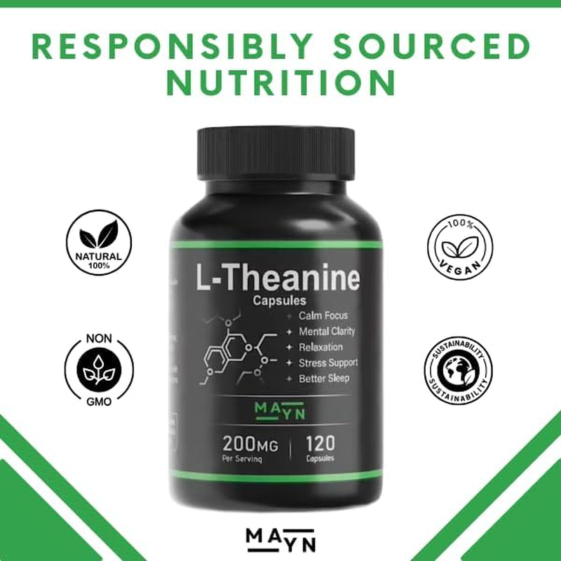 MAYN L-Theanine Capsules &ndash; Natural Relaxation, Stress Relief & Focus Support Supplement &ndash; 200Mg Vegan, Non-Gmo, Clean Formula for Calm Mood & Mental Clarity &ndash; 120 Capsules image number 2