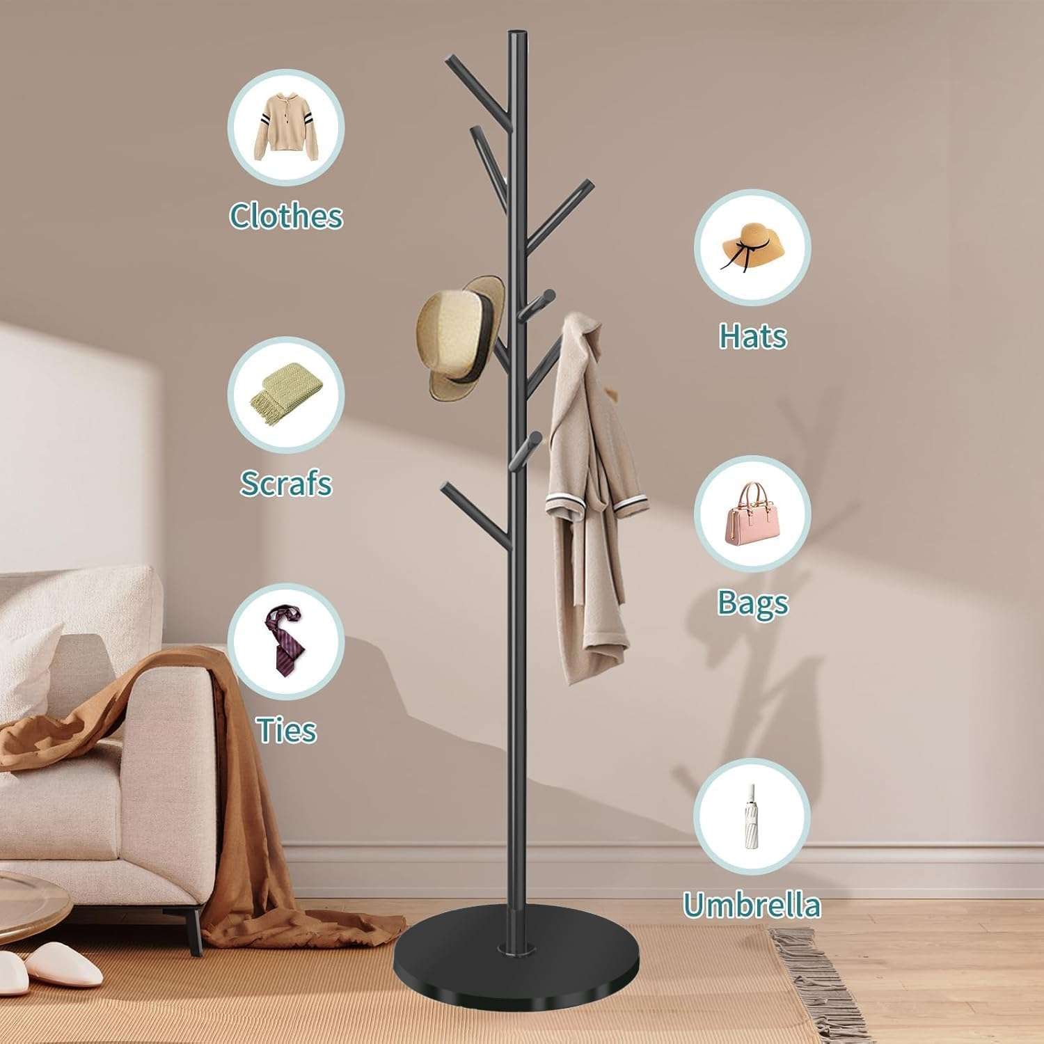 Coat Rack with Natural Marble Base, Freestanding Metal Coat Stand with 8 Hooks, Heavy Duty Hanger Hat Holder, Modern Stable Coat Hanger Tree for Bags, Jacket, Clothes, and Hats, Black Metal image number 1