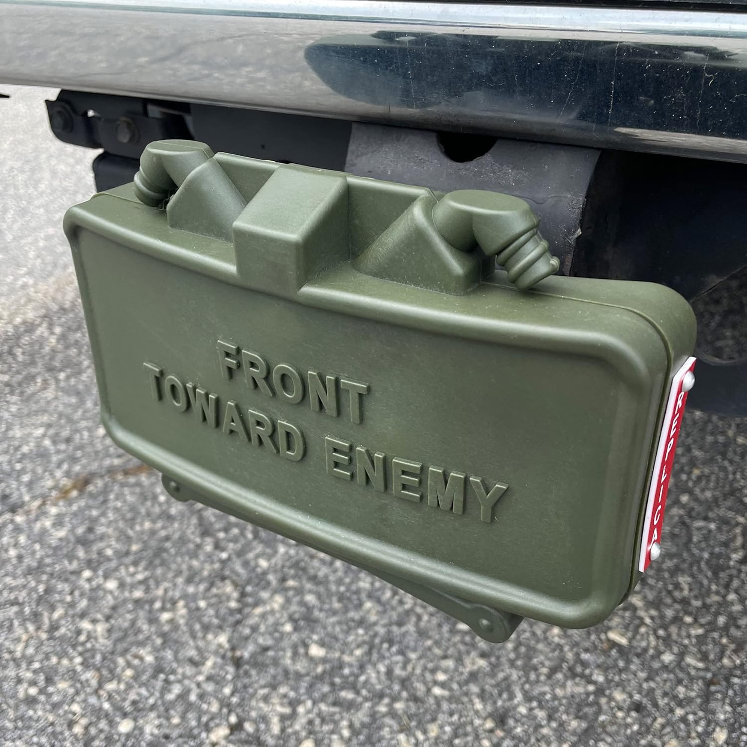 Claymore Hitch Cover Front toward Enemy for for 2-Inch Standard Receivers - Durable, Weatherproof & Unique Tow Hitch Cover Pickup Truck Accessory Funny Claymore Shaped OD Green image number 2
