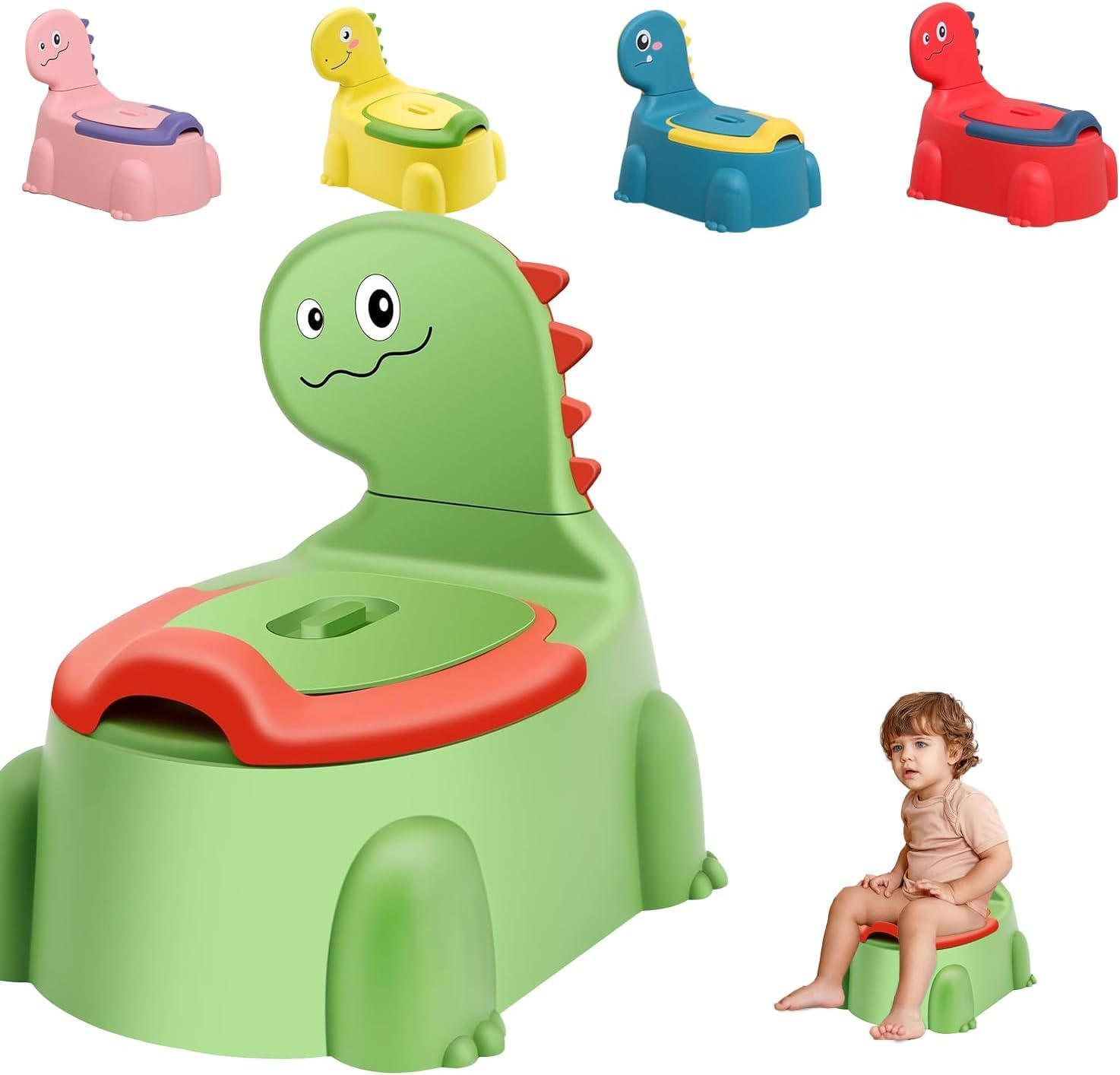 Dinosaur Potty Training Seat - Comfortable Toddler Potty Toilet Seat with Non-Slip Mat, Backrest & Soft Lid, Portable Potty Training Chair for Boys & Girls 1-6 Years (Lime Green)
