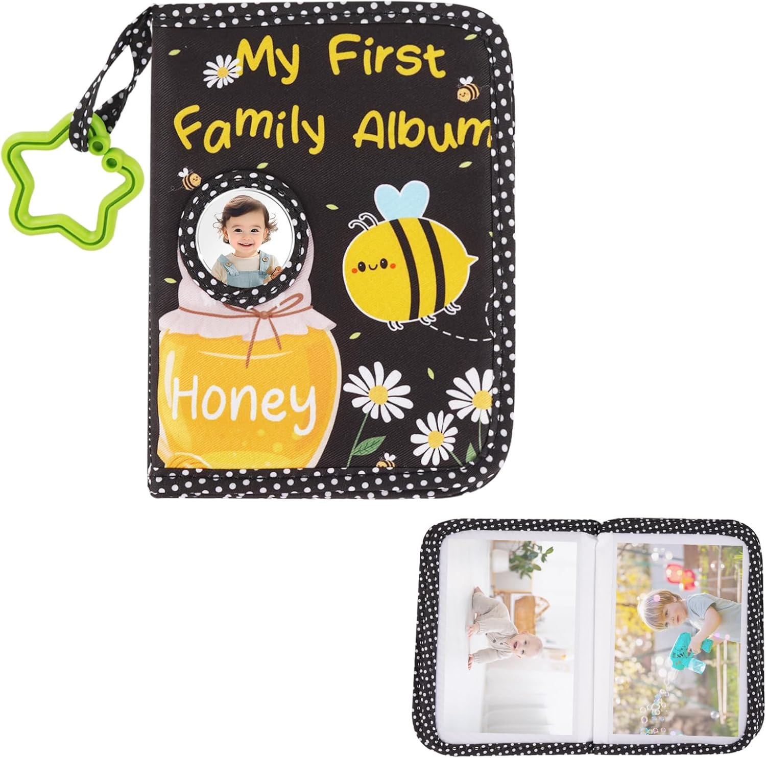Commemorate Photo Album 4X6 Pictures with Hook, My First Family Memory Book, Soft Cloth Keepsake, Small Album Holder Book with 17 Pages Pocket for Family, Anniversary, Parents Gift (Bee Pattern) image number 1