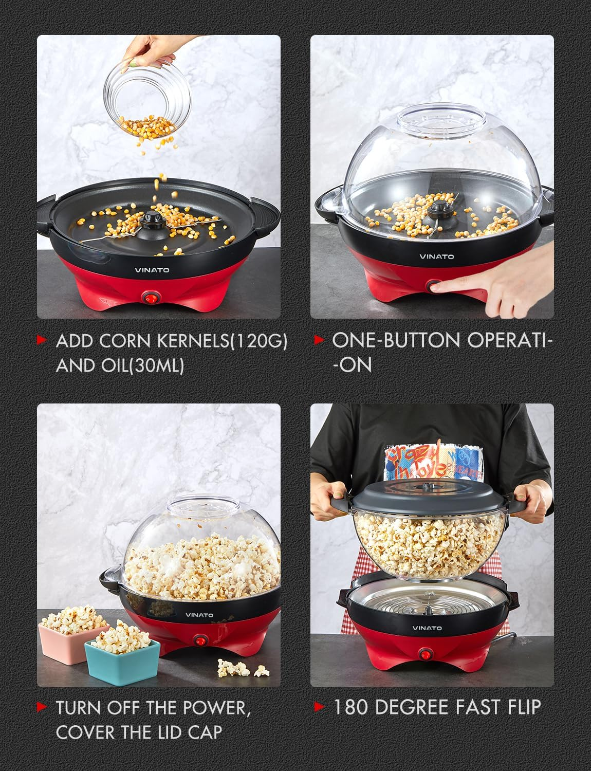 VINATO Popcorn Machine, Popcorn Maker for Home, Popcorn Popper Machine with Non-Stick Coating and Removable Heating Surface, 5 L, with Cool Touch Handles image number 5
