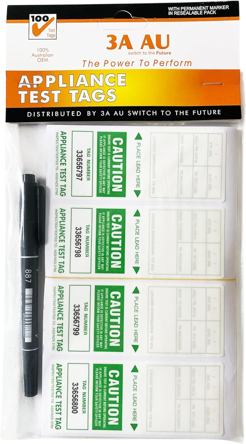 3A AU Electrical Appliance Test Tags - Green - 100Pc with Permanent Marker