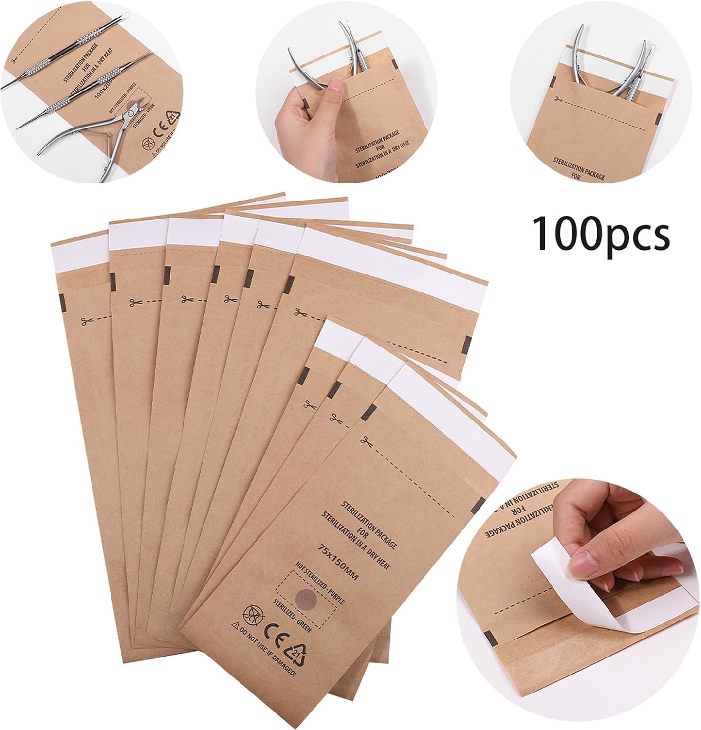 100PCS 2.9X5.9" Self-Sealing Cleaning Pouches,Dry Heat Autoclave Kraft Paper Cleaning Bags for Dentist Tools and Nail Art Supplies (100PCS 2.9X5.9") image number 4