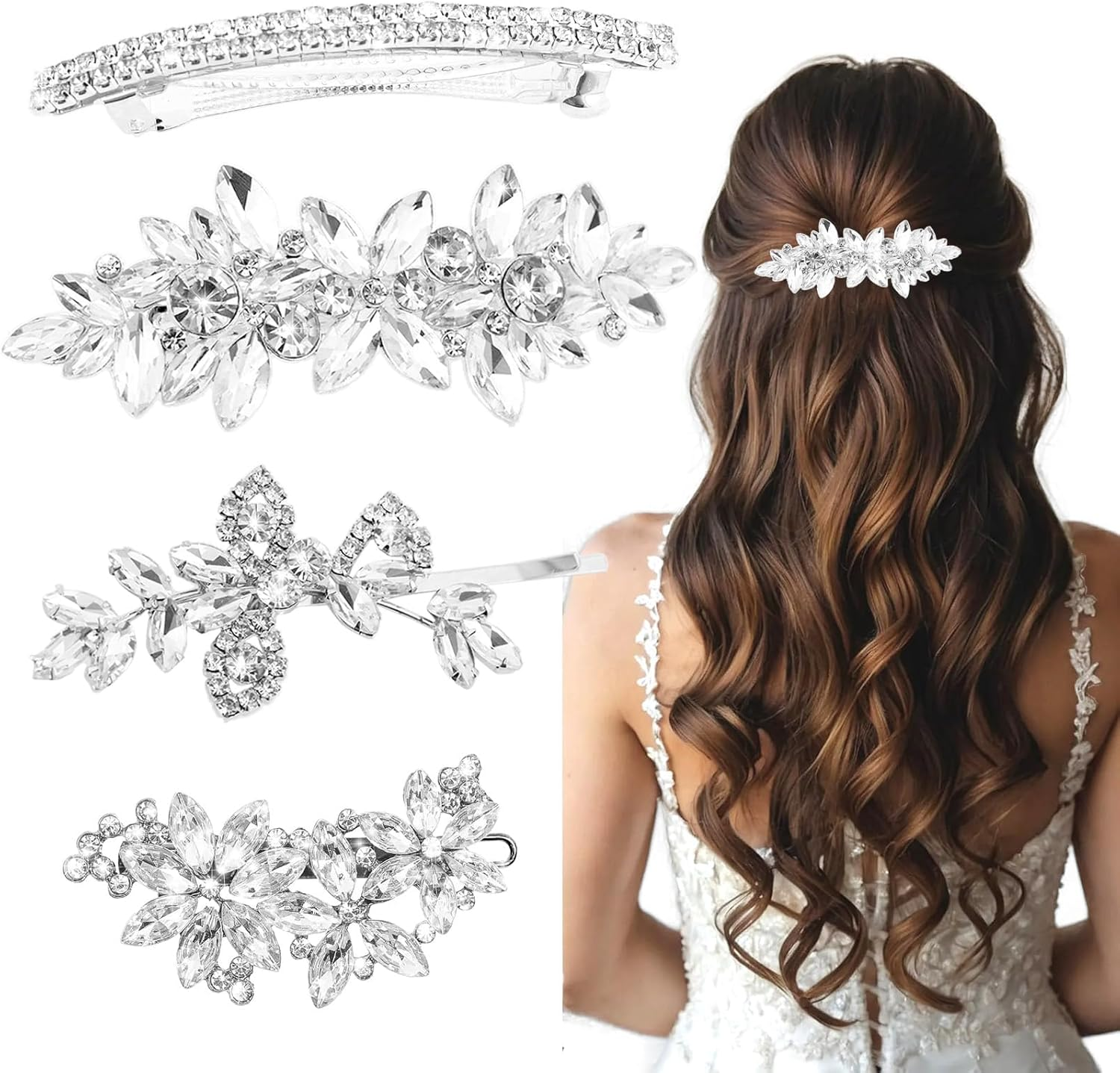 4 Pcs Rhinestone Hair Clips for Women Hair Barrettes Silver Bridal Hair Accessories for Wedding Party Everyday image number 5