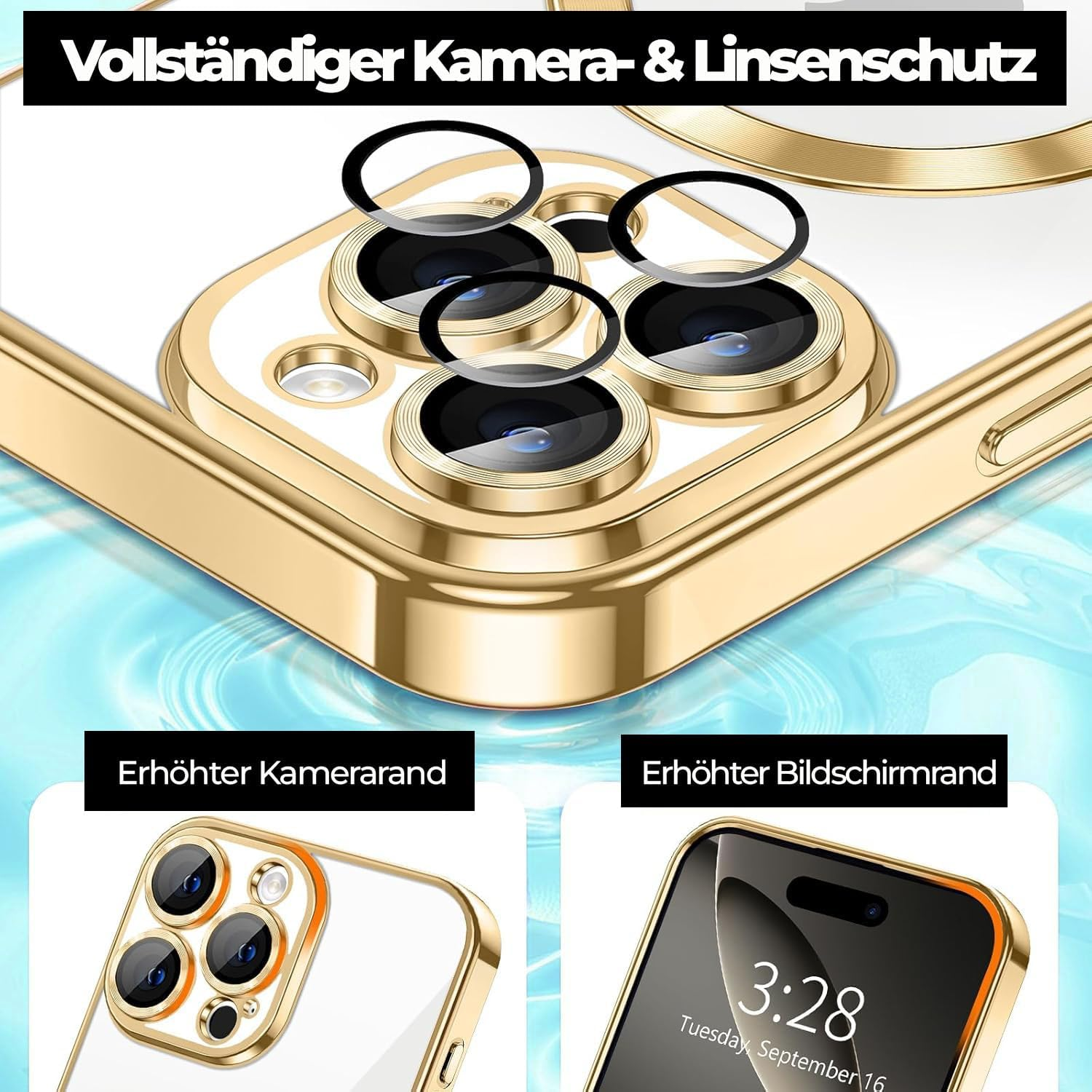 COVRELLA Iphone 16 Pro Max Case Gold, Magnetic & Transparent - Mobile Phone Case with Camera Protection & Lens Protection - Compatible with Magsafe - Shockproof & Scratch Resistant