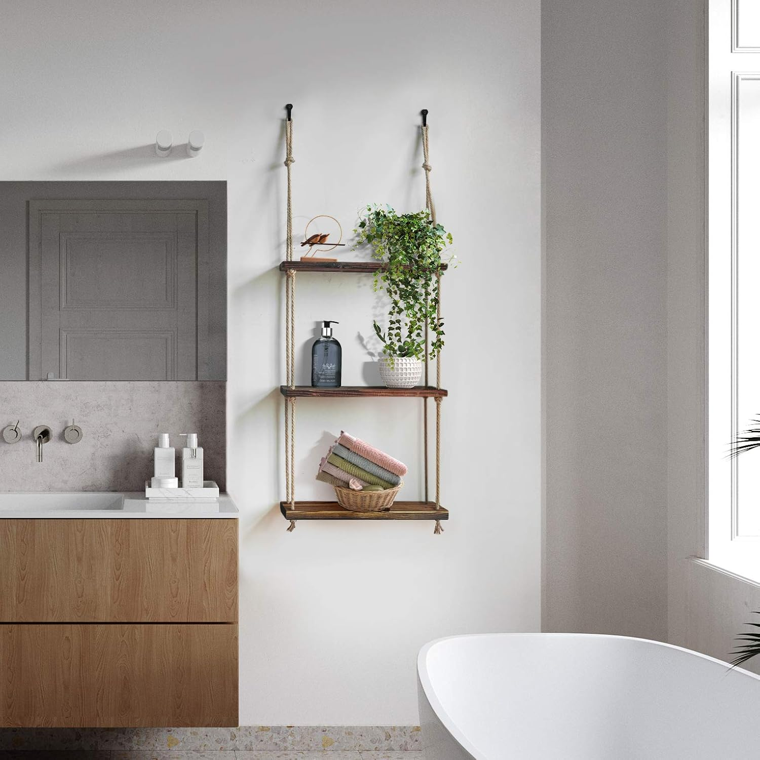 Hanging Shelves for Wall Rope Hanging Plant Shelf Rustic Wood Floating Shelf for Bathroom Bedroom Farmhouse Home D&eacute;cor