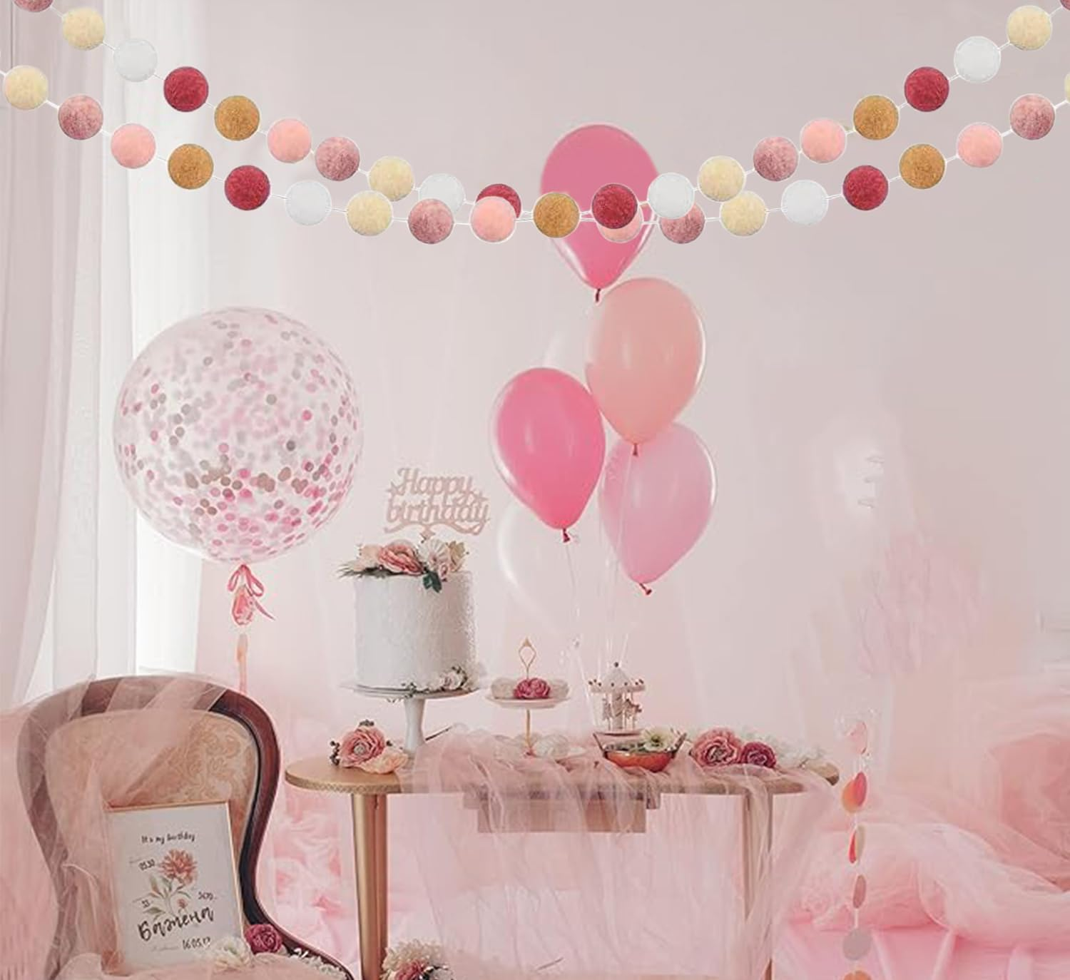 Pom Pom Felt Ball Garland, 6.6 Feet, 30 Balls, Colourful Boho Decor for Party, Home, Nursery, 3 Pieces (Rose Pink)