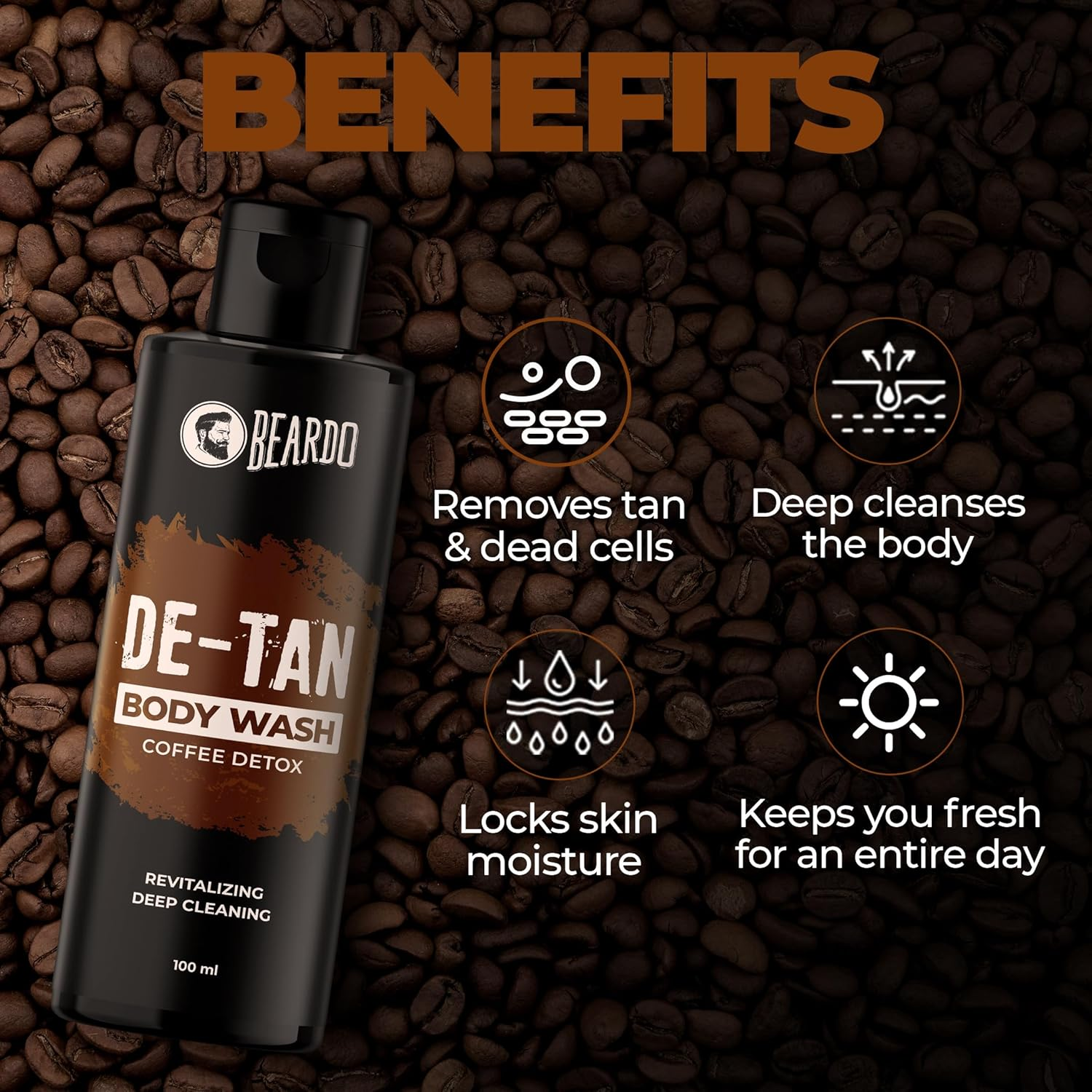 Beardo De-Tan Body Wash for Men, 100Ml | Tan Removal and Caffeine Body Wash | Detan with Coffee & Aloe Extracts | for Body & Face | Refreshing Fragrance image number 1