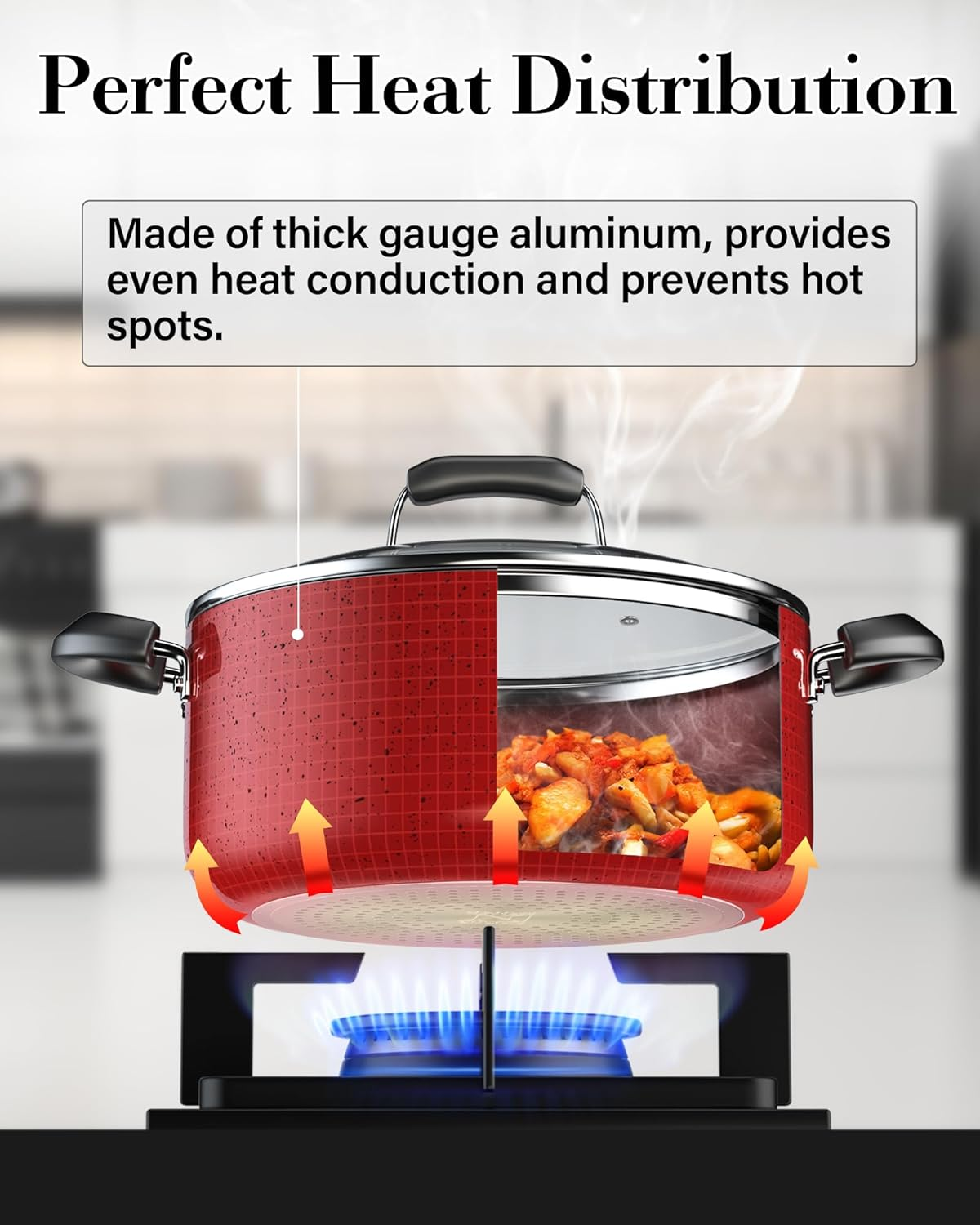 Cook N Home Pots and Pans Nonstick Cookware Set 12-Piece, Kitchen Cooking Set with Frying Pans and Saucepans, Induction Compatible, Marble Red - Turquoise image number 6