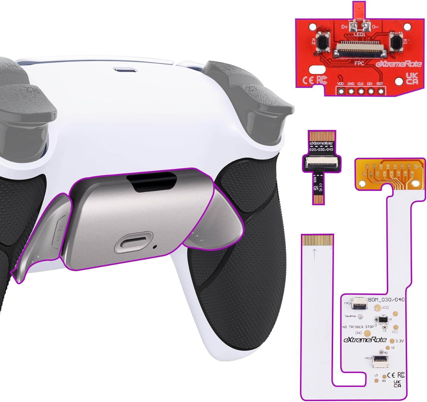 Extremerate Silver Real Metal Buttons RMB Rise V3 Remap Kit for PS5 Controller BDM-030 040 050, Black Rubberized Grip White Bottom Shell Upgraded Programable Back Buttons Set for PS5 Controller - Black Rainbow image number 3