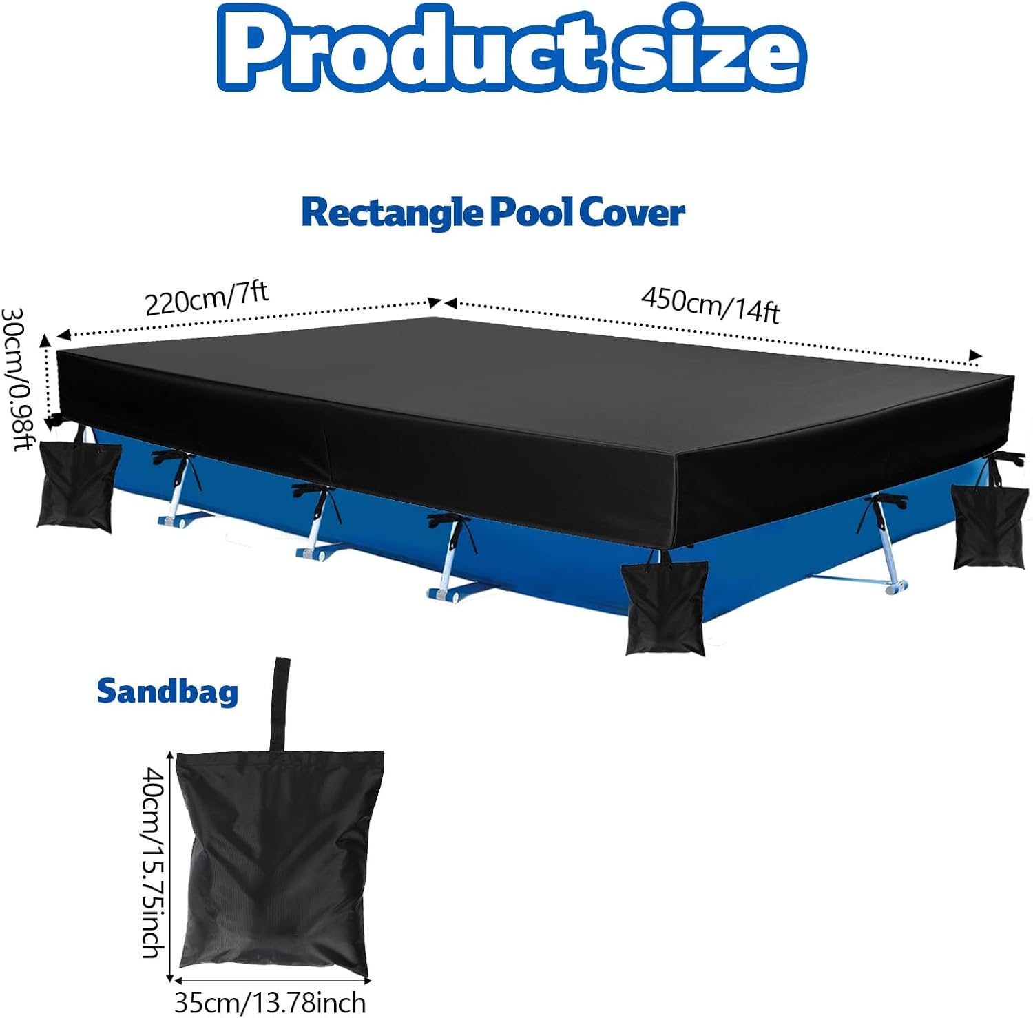 14X7X1 Ft Rectangle Pool Cover for above Ground Pools, Heavy-Duty 210D Oxford Fabric Cover with 4 Sandbags & 1 Storage Bag