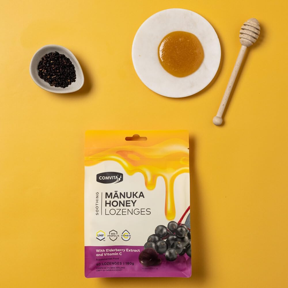 Comvita Soothing Mānuka Honey Lozenges - Elderberry (With Vitamin C and Bee Propolis), 40 Lozenges image number 6
