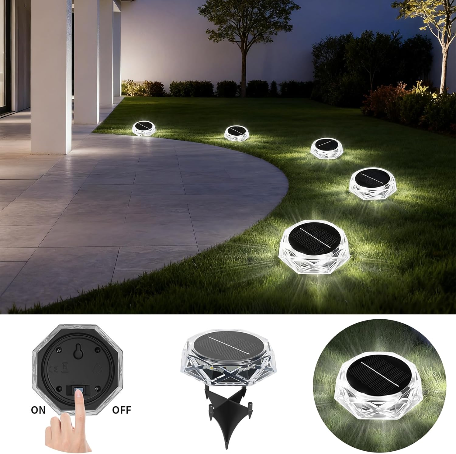 Hqynss Solar Lights Outdoor Garden, 6 Pack IP65 Waterproof Diamond LED Solar Ground Lights, 8 LED Disk Lights for Garden Pathway Lawn Patio Yard Landscape (Cool White) image number 6