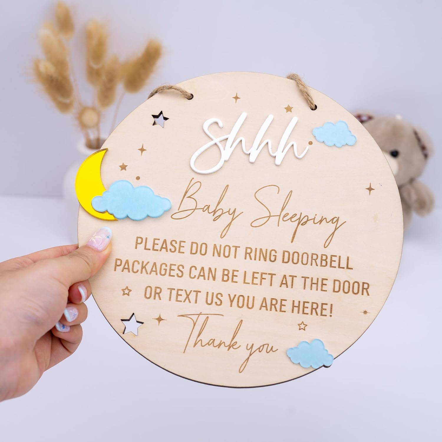2Pcs Wooden Baby Sleeping Hanging Sign Plaque, Do Not Knock or Ring the Bell, round Wooden Door Hanger for Baby Room, Nursery, Front Door, Door Knob Decor (Moon) image number 2